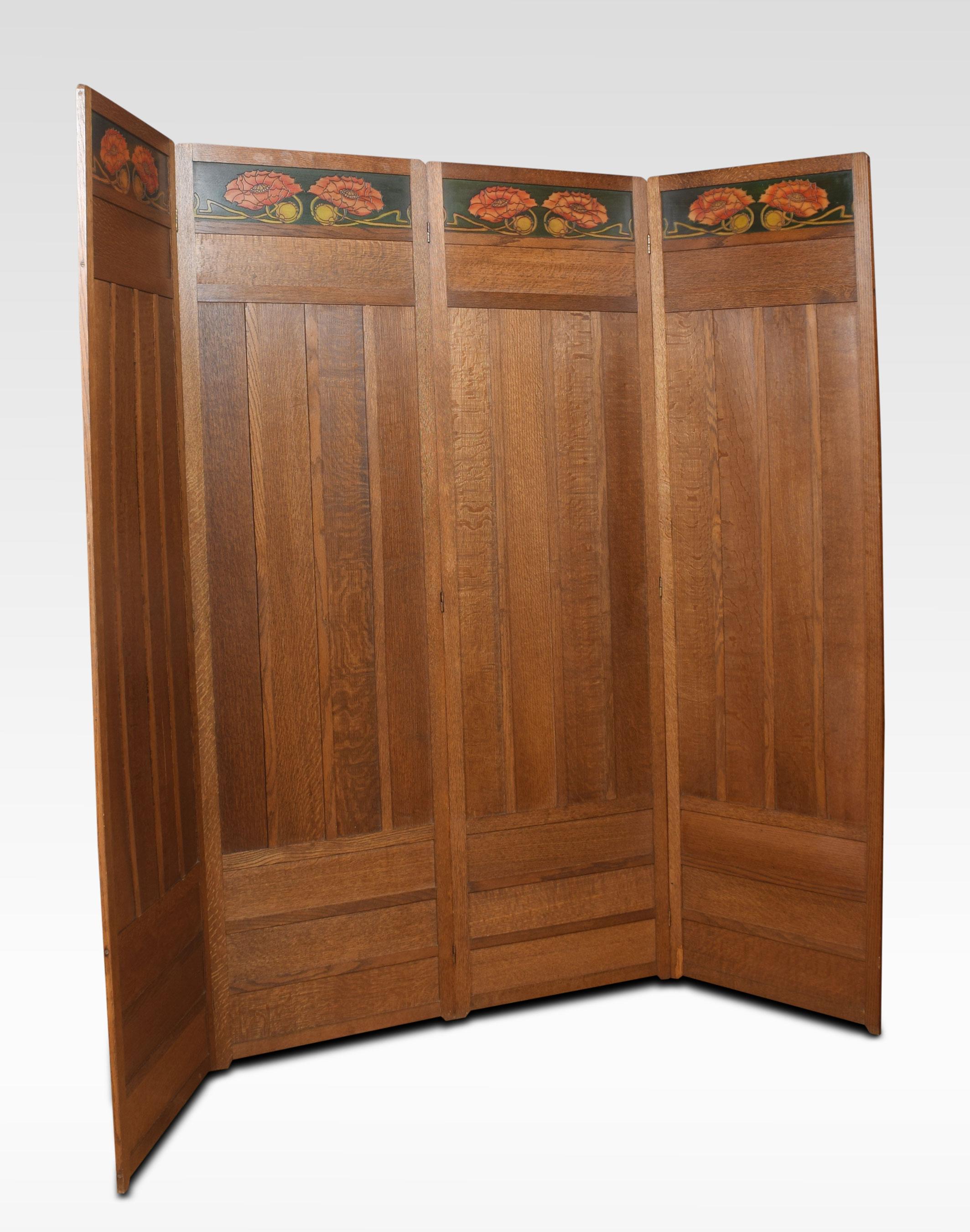 Liberty & Co Arts & Crafts dressing screen with floral painted panels in oak frame.
Dimensions:
Height 68 inches
Width 80 inches
Depth 1 inches.