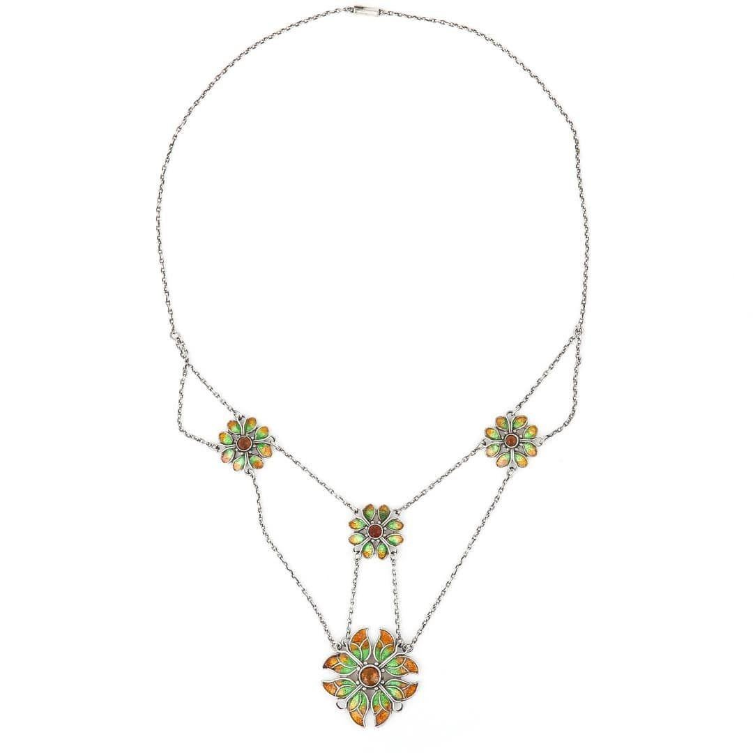 Round Cut Liberty & Co Arts and Crafts Silver, Citrine and Enamel Necklace Circa 1910 For Sale