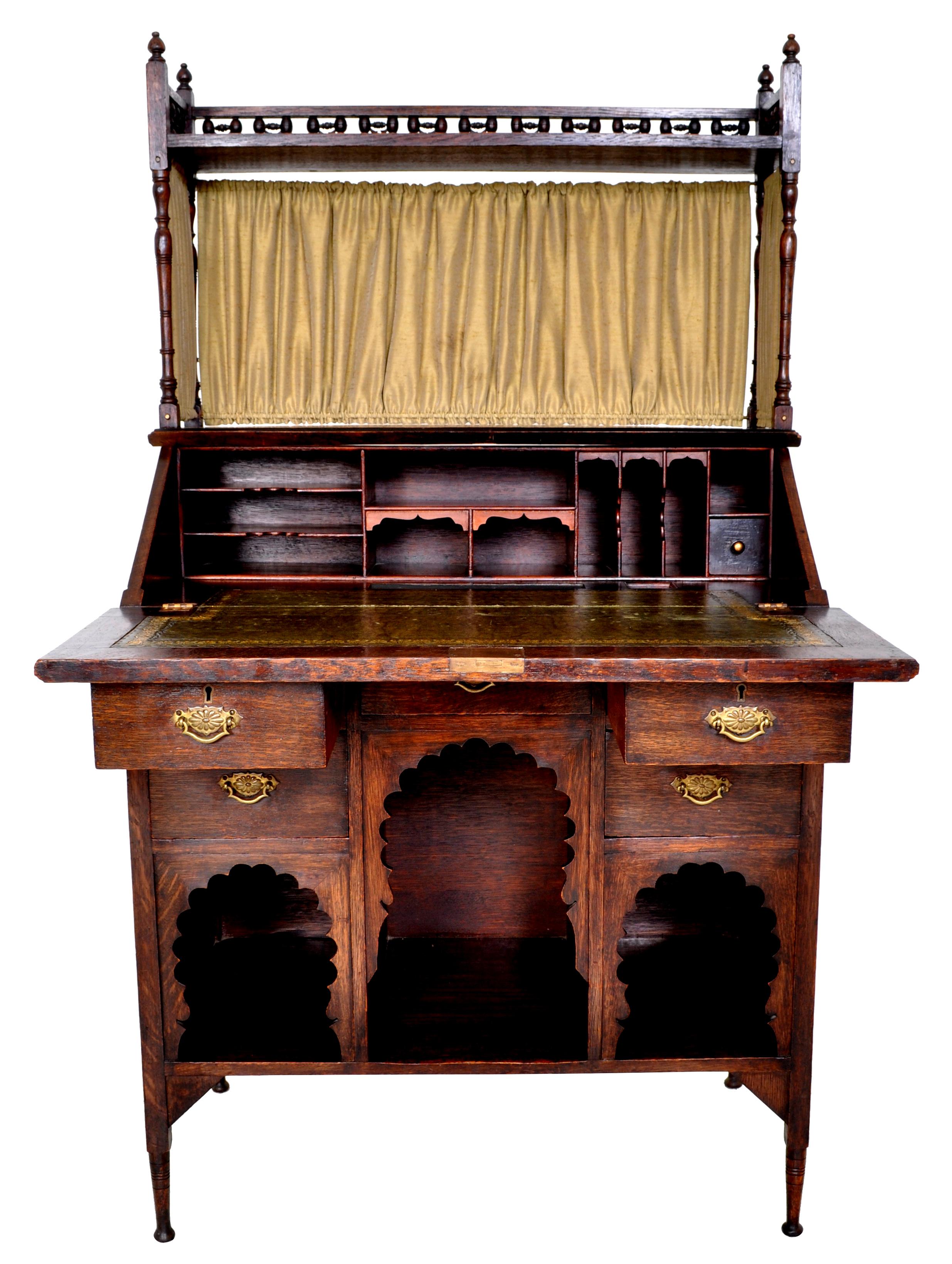 Liberty & Co Arts & Crafts Anglo Moorish Medina Bureau Desk Oak L F Wyburd, 1900 In Good Condition In Portland, OR