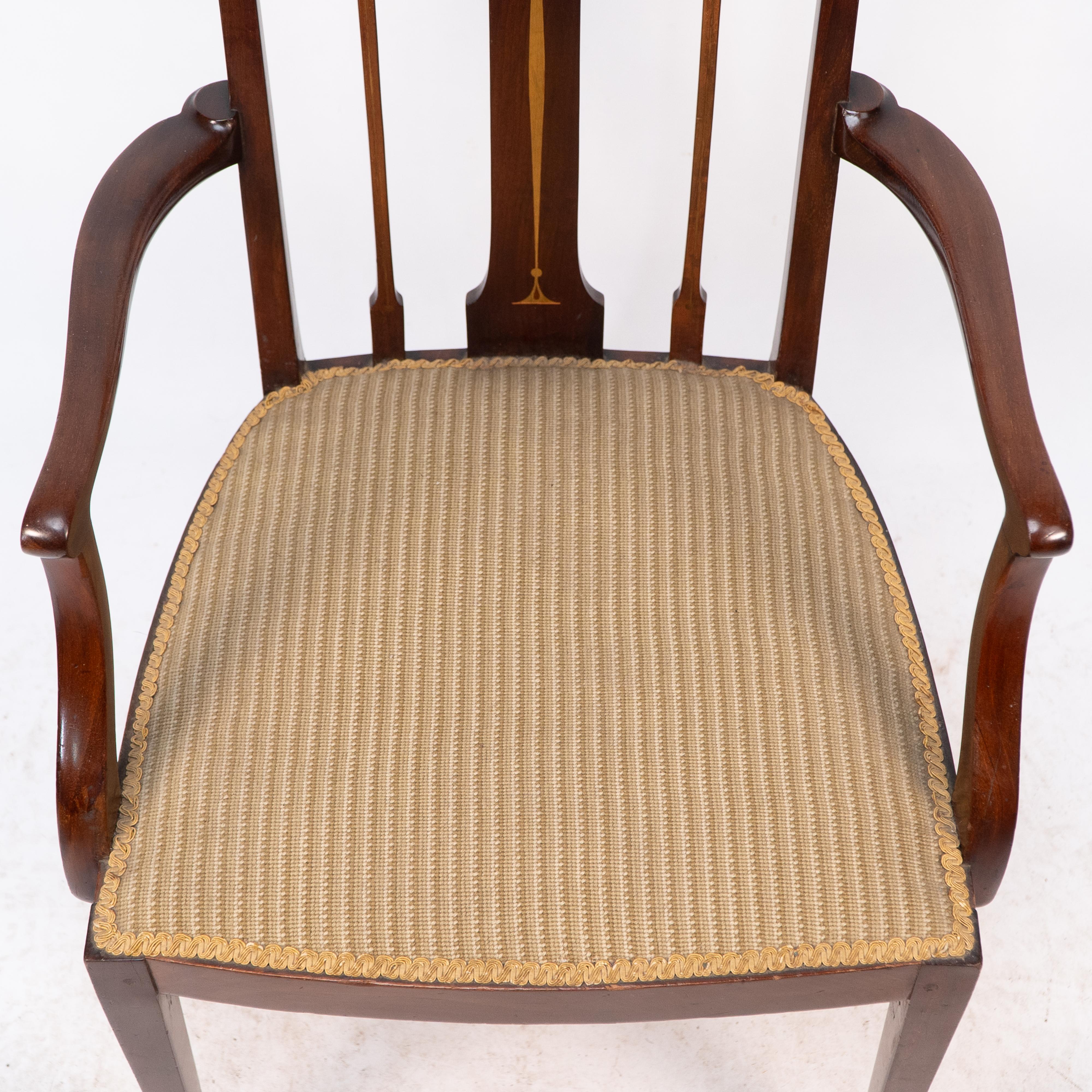 Liberty & Co. Arts & Crafts mahogany armchair with fruitwood floral inlaid decor For Sale 3