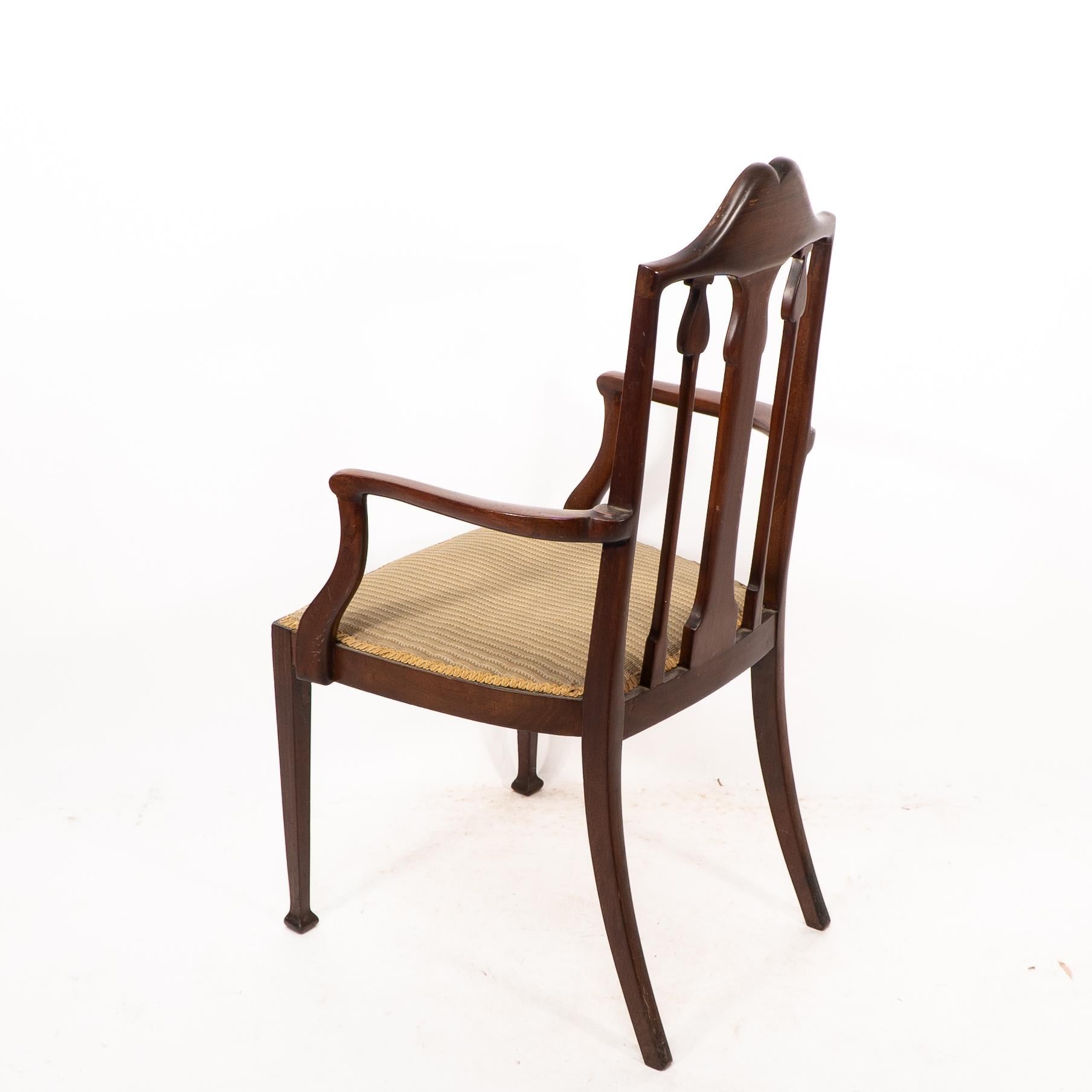 Liberty & Co. Arts & Crafts mahogany armchair with fruitwood floral inlaid decor For Sale 5