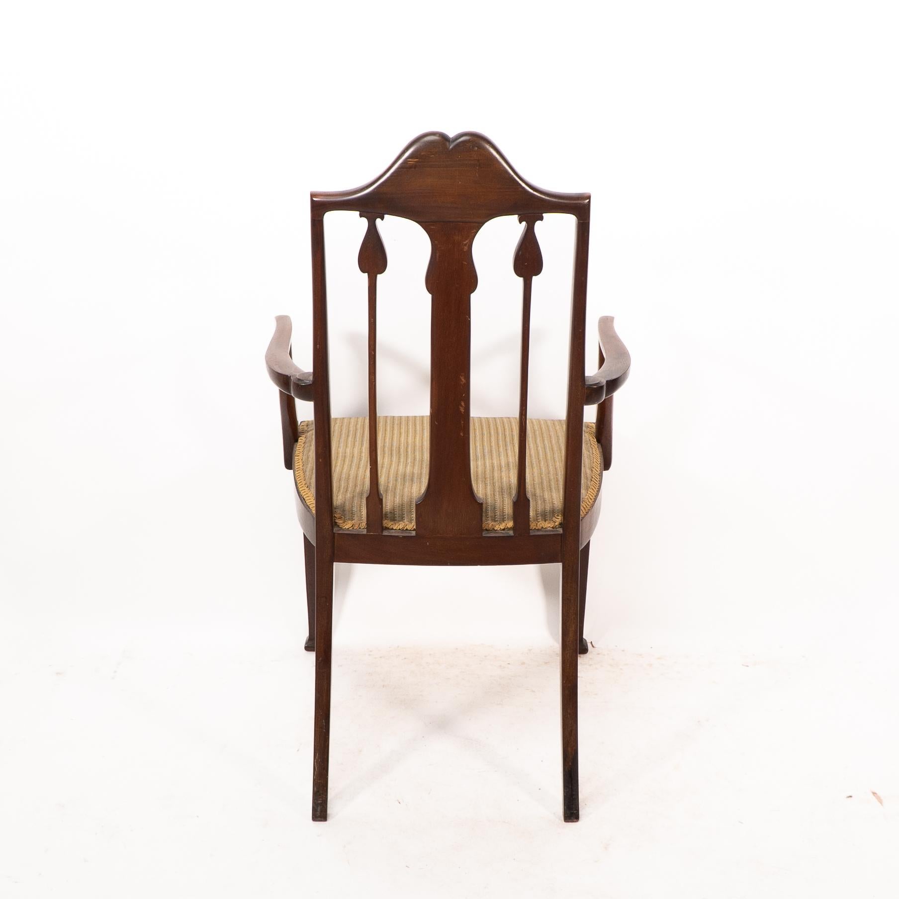 Liberty & Co. Arts & Crafts mahogany armchair with fruitwood floral inlaid decor For Sale 6