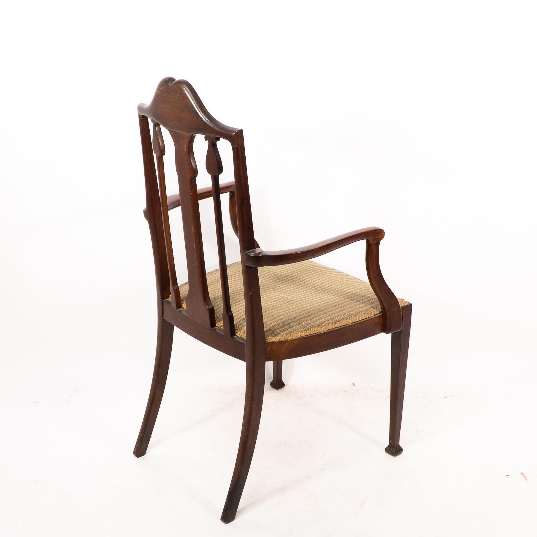 Liberty & Co. Arts & Crafts mahogany armchair with fruitwood floral inlaid decor For Sale 7