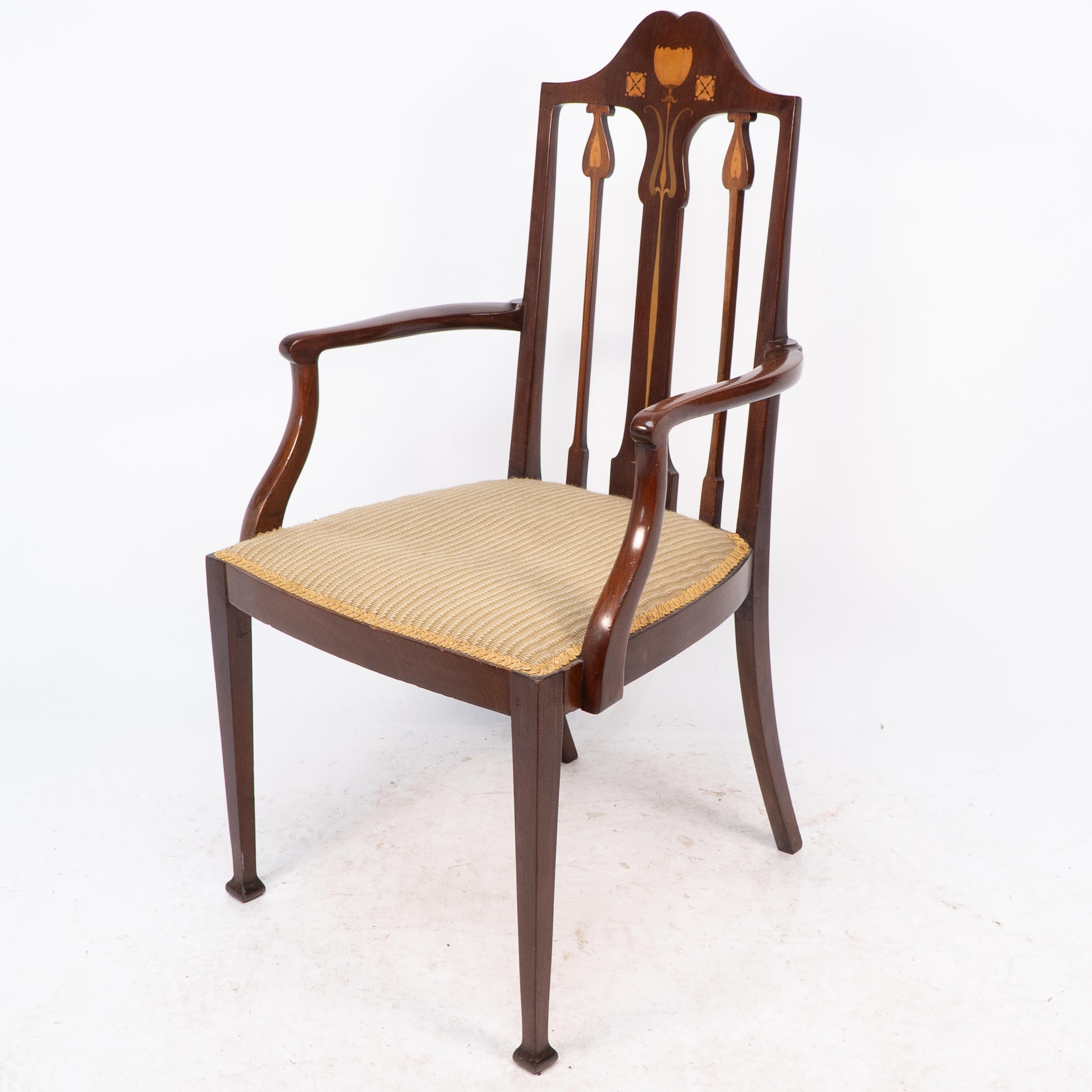 Arts and Crafts Liberty & Co. Arts & Crafts mahogany armchair with fruitwood floral inlaid decor For Sale