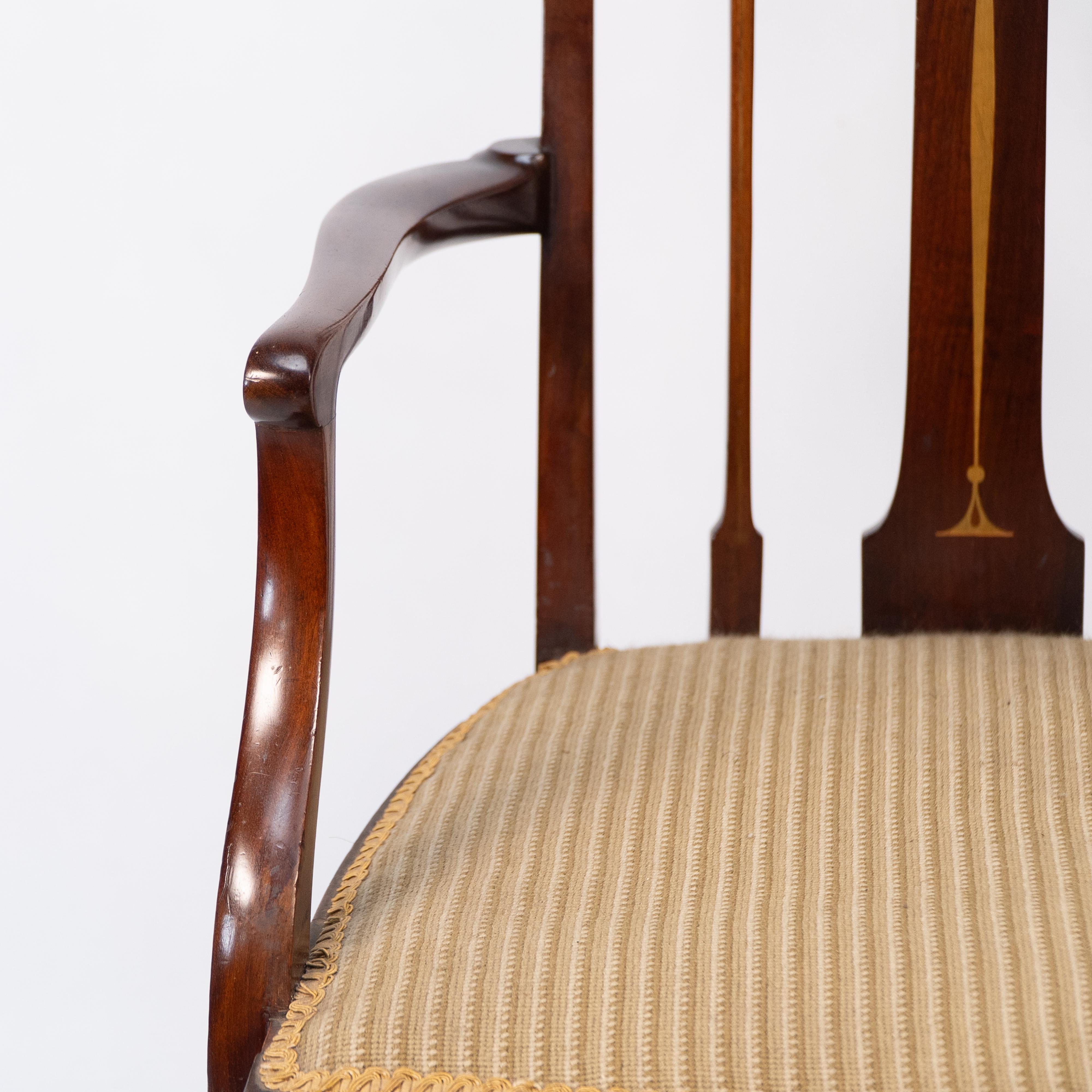Liberty & Co. Arts & Crafts mahogany armchair with fruitwood floral inlaid decor For Sale 2