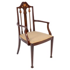 Antique Liberty & Co. Arts & Crafts mahogany armchair with fruitwood floral inlaid decor