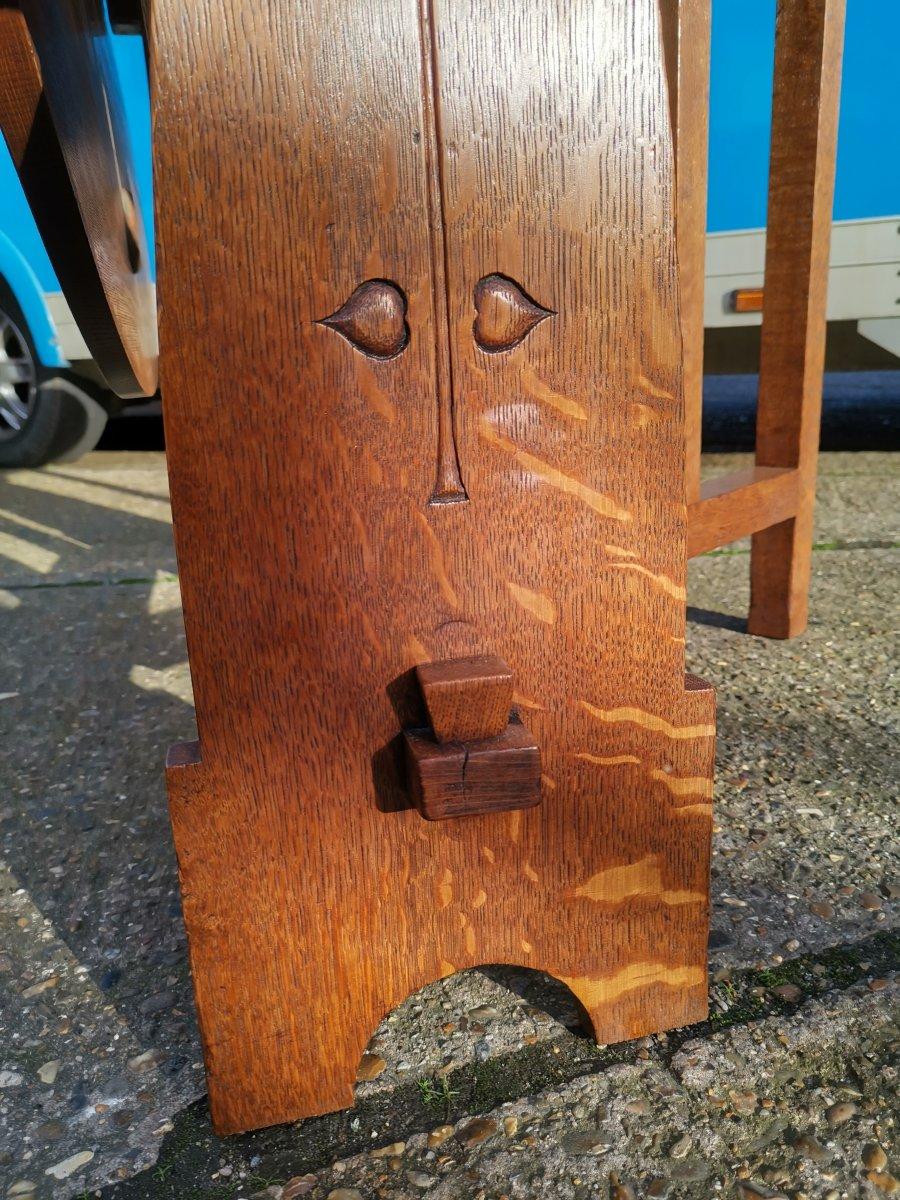 Liberty & Co, Arts & Crafts Oak Dropleaf Table with Stylized Carved Flower Head 1