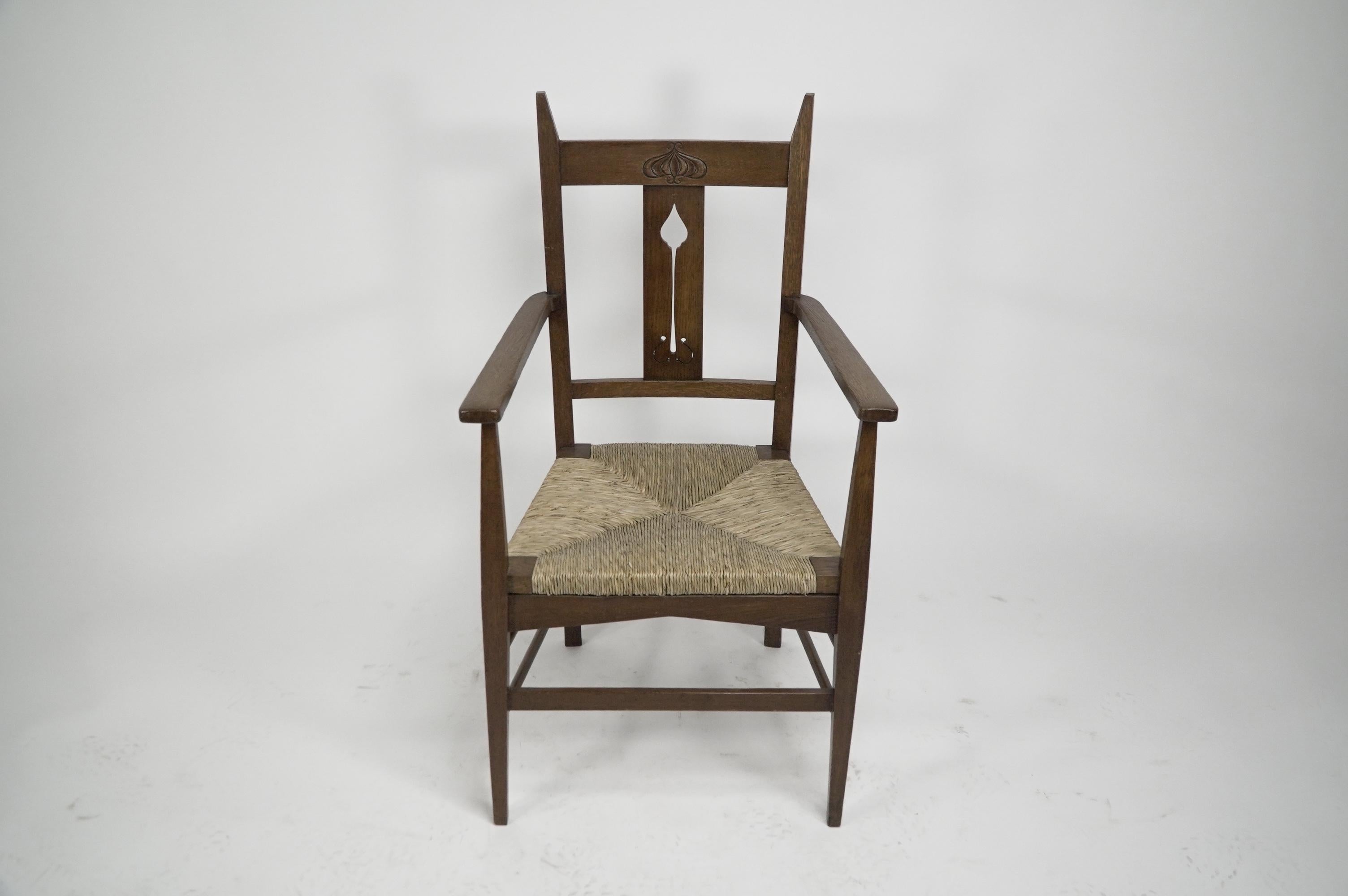 Liberty & Co attributed. Set of six Glasgow Style oak & rush seat dining chairs. For Sale 5