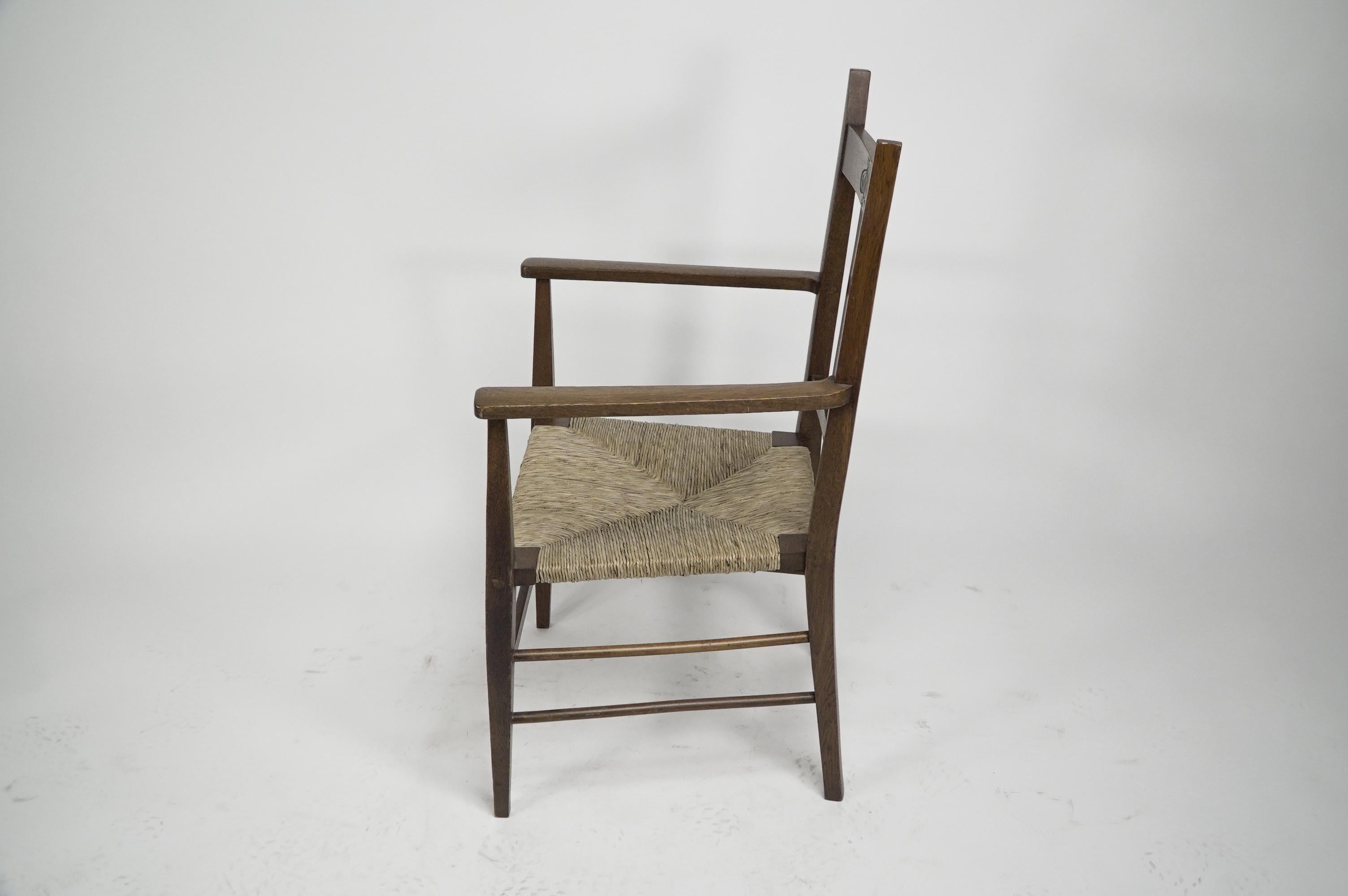 Liberty & Co attributed. Set of six Glasgow Style oak & rush seat dining chairs. For Sale 7