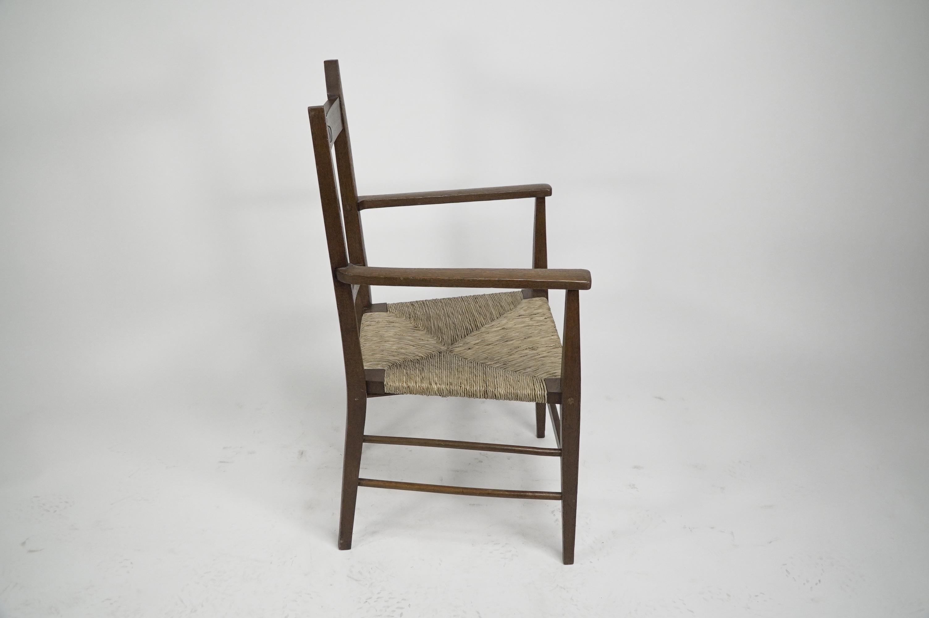 Liberty & Co attributed. Set of six Glasgow Style oak & rush seat dining chairs. For Sale 8