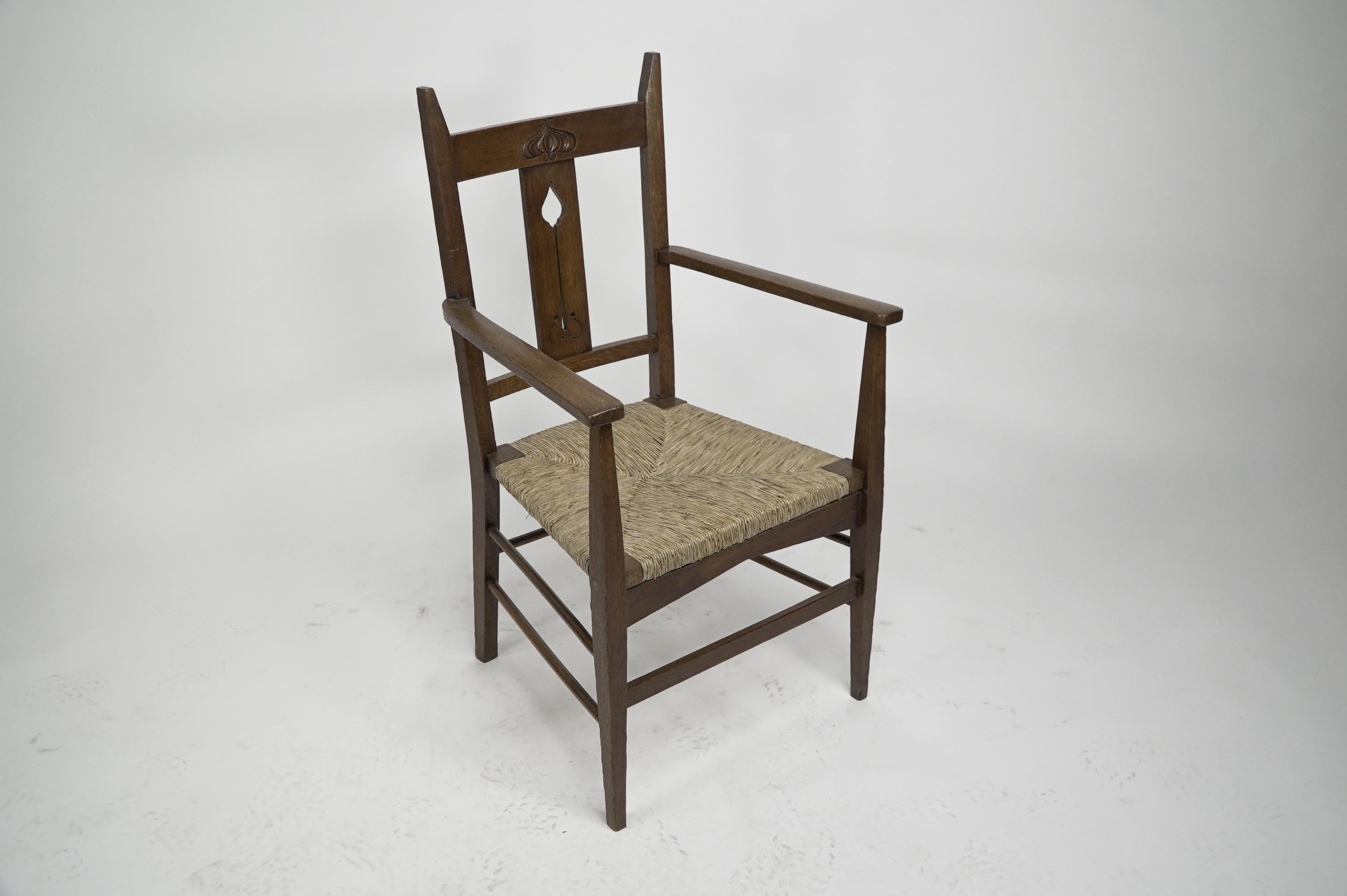 Liberty & Co attributed. Set of six Glasgow Style oak & rush seat dining chairs. For Sale 6