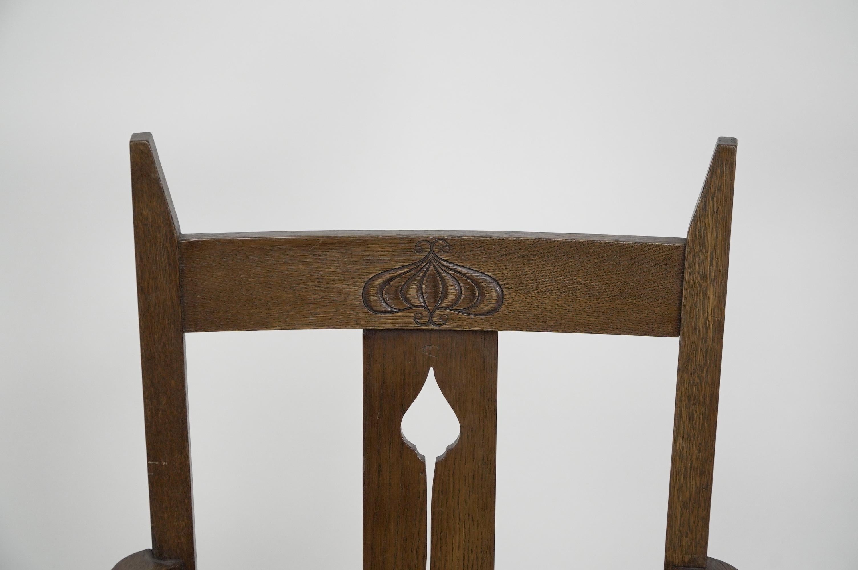 Liberty & Co attributed. Set of six Glasgow Style oak & rush seat dining chairs. For Sale 9
