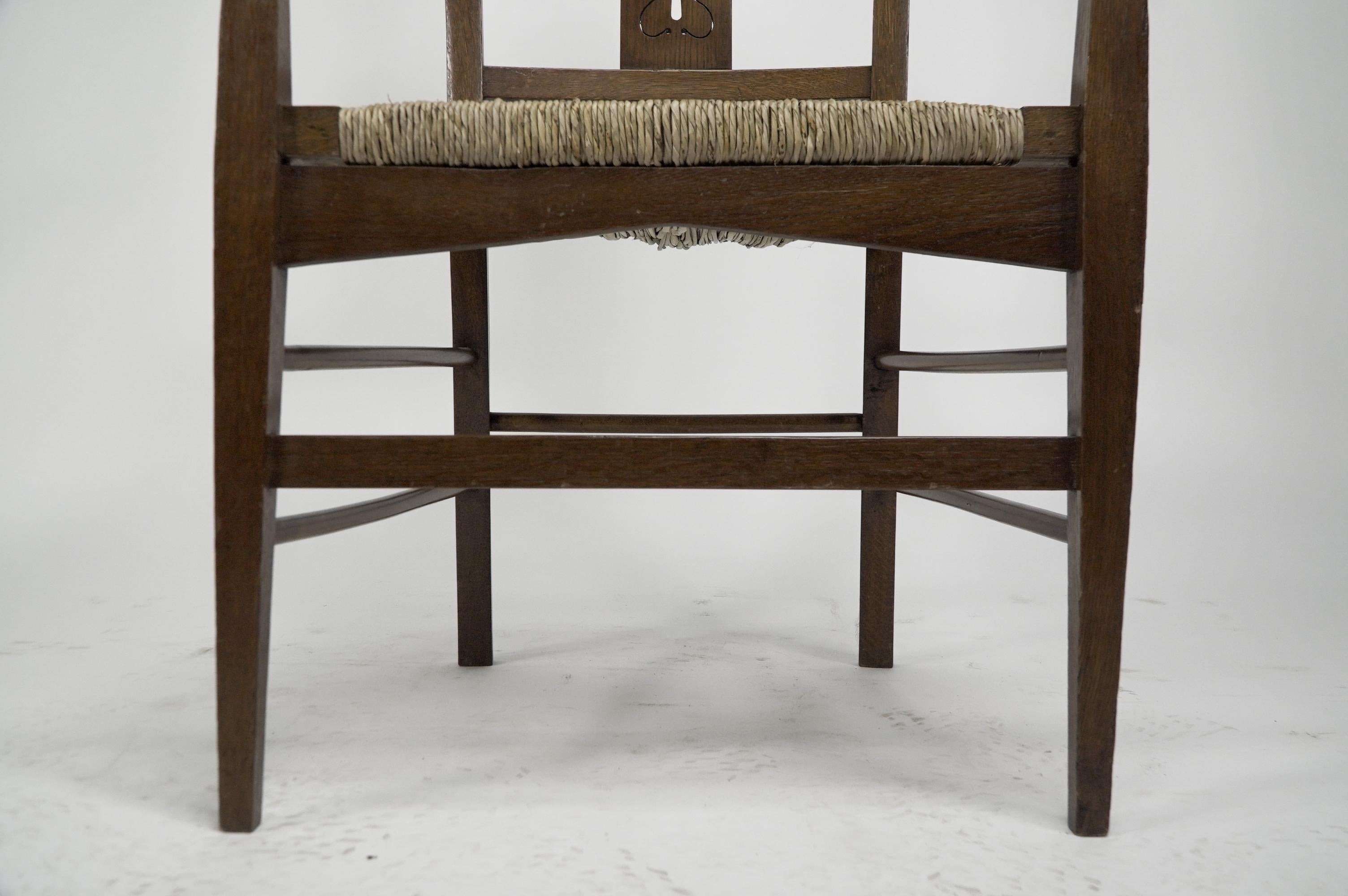 Liberty & Co attributed. Set of six Glasgow Style oak & rush seat dining chairs. For Sale 12