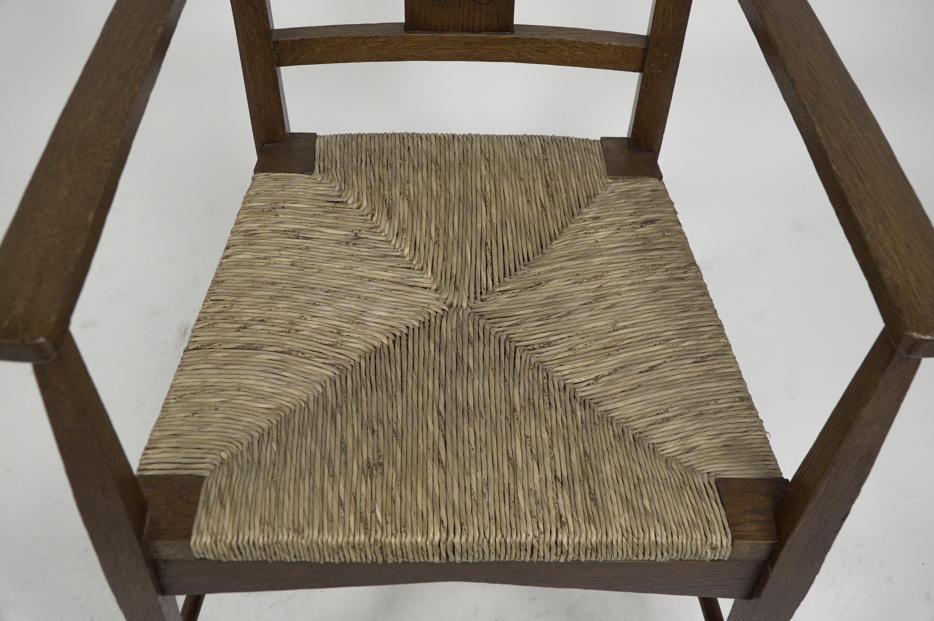 Liberty & Co attributed. Set of six Glasgow Style oak & rush seat dining chairs. For Sale 11