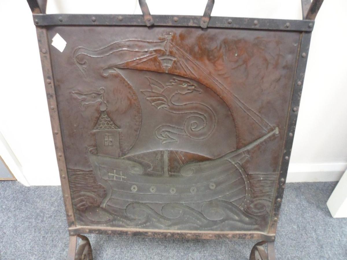 English Liberty & Co. Copper & Wrought Iron Fire-Screen Depicting Galleon & Dragon Sail For Sale