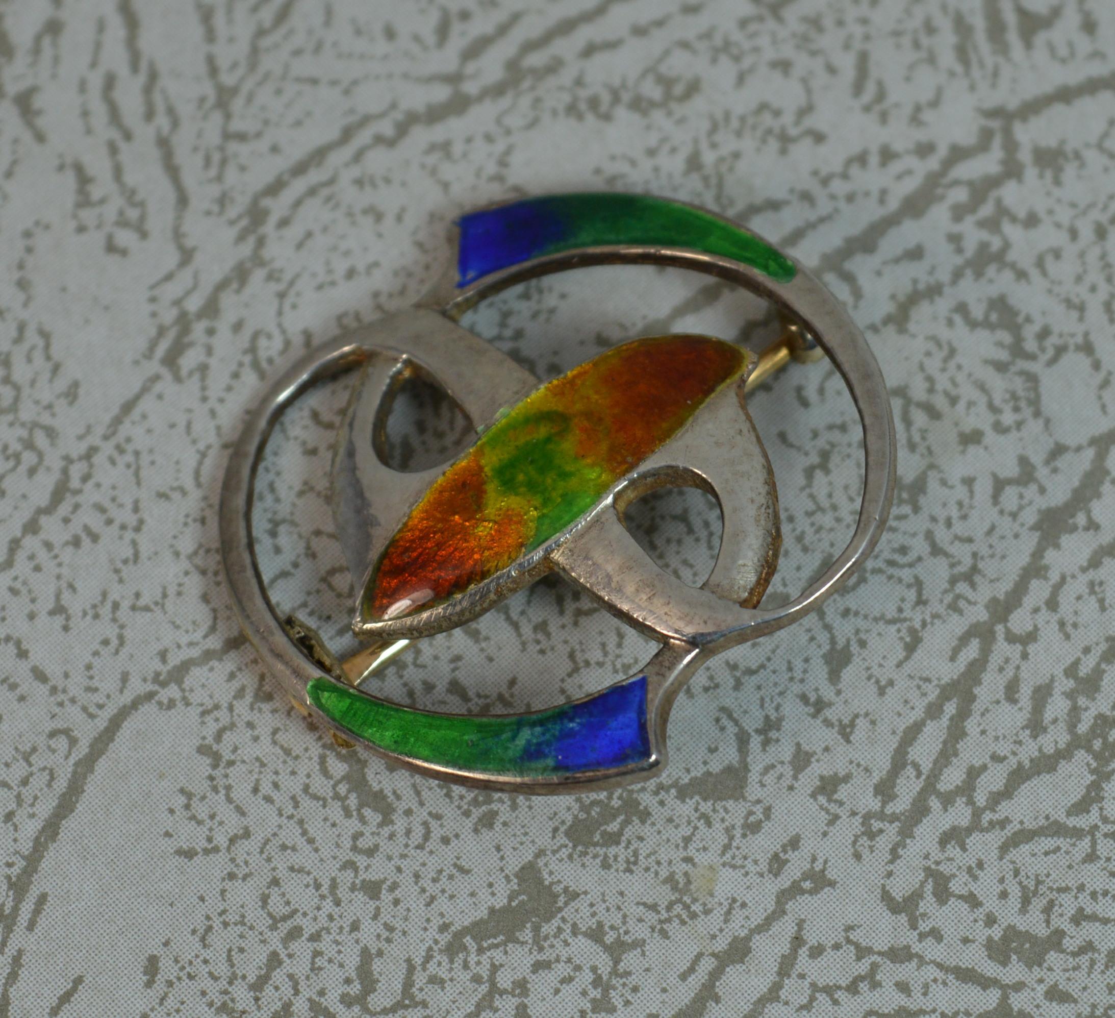 Liberty & Co Cymric Archibald Knox Edwardian Silver Enamel Brooch In Excellent Condition In St Helens, GB