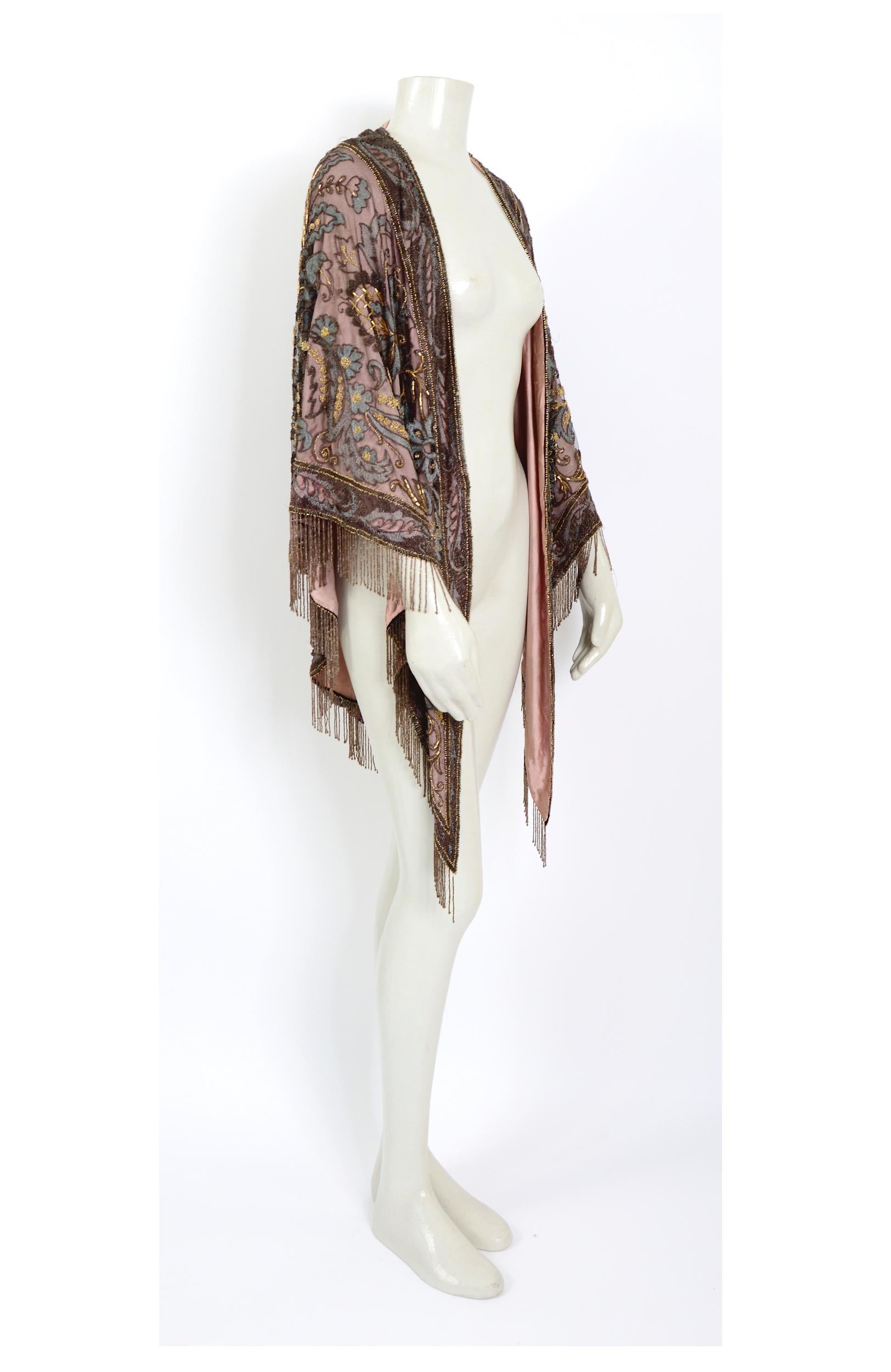 Brown Liberty & Co London Paris art nouveau museum-worthy embellished beaded scarf  For Sale