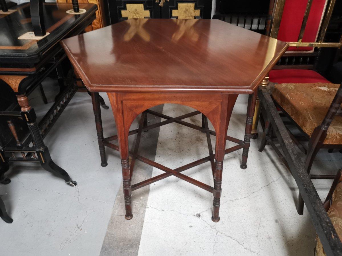 Arts and Crafts Liberty & Co. Walnut Centre Table on Turned Legs United by Star Shaped Stretcher