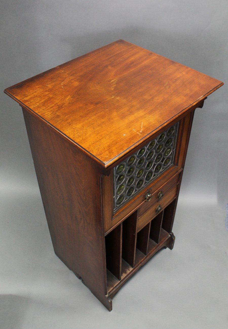 English Liberty & Co Moorish Walnut Music Cabinet with Bottle Neck Glass Up & Over Door For Sale
