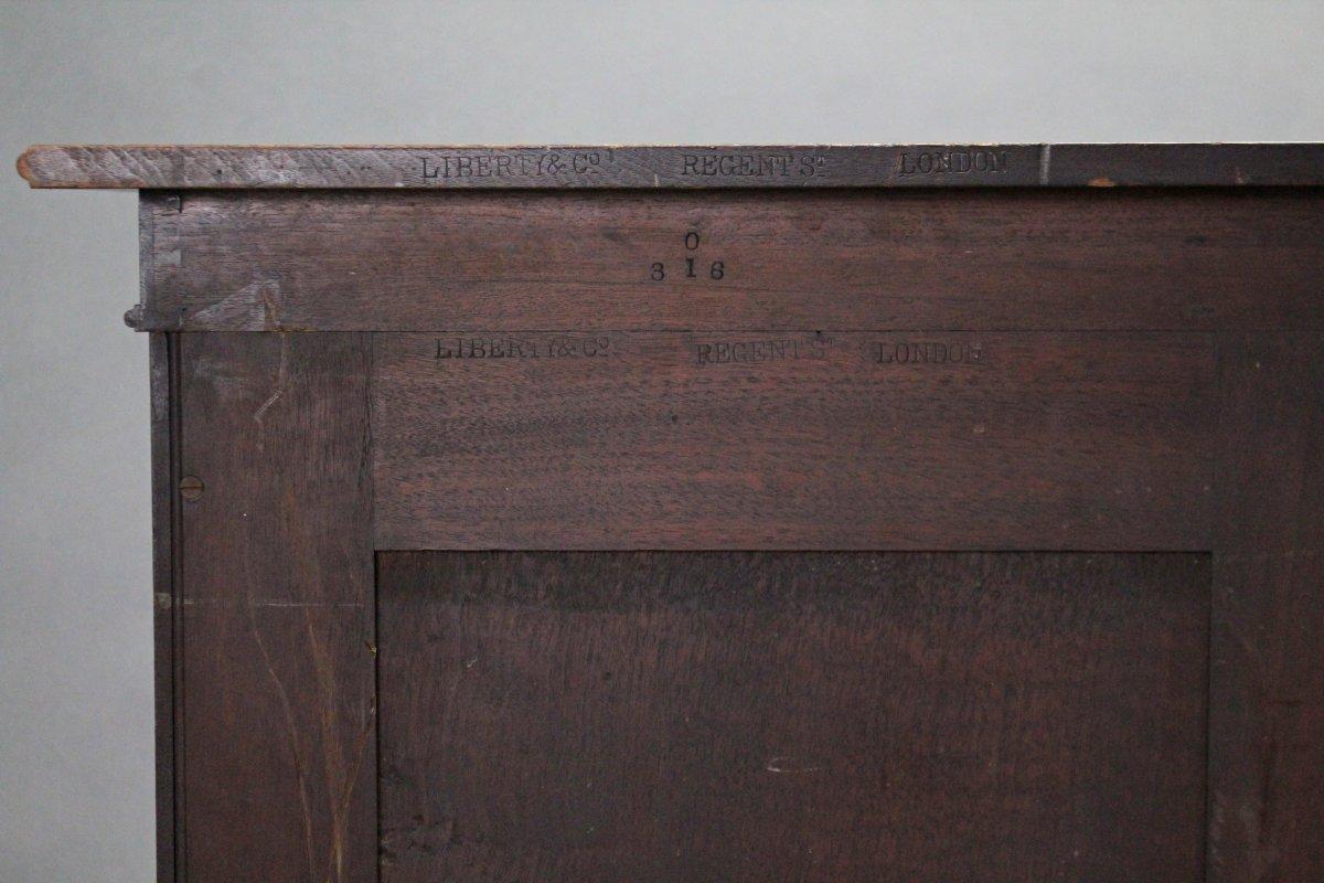 Liberty & Co Moorish Walnut Music Cabinet with Bottle Neck Glass Up & Over Door In Good Condition For Sale In London, GB