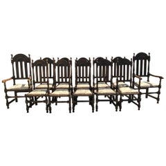 Antique Liberty & Co. Set of 14 Gothic Style Arts & Crafts Oak Dining Chairs & Armchairs