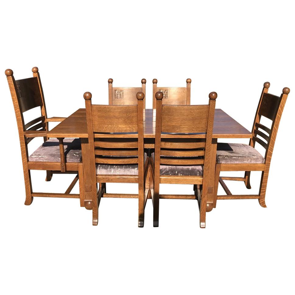 Liberty & Co style of CFA Voysey, Arts & Crafts Oak Dining Set with Ball Finials For Sale