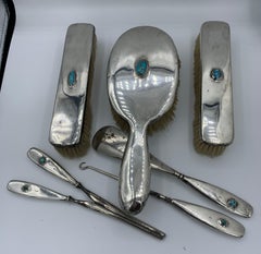 Liberty & Co Turquoise Cymric Pattern Six Piece Dresser Set 1903 Sterling Silver