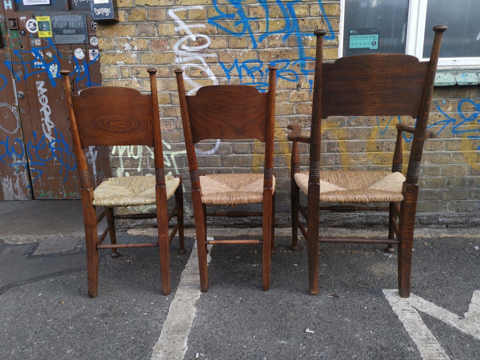 Rush Liberty & Co, William Birch, Arts & Crafts Armchair & Two Differing Side Chairs For Sale