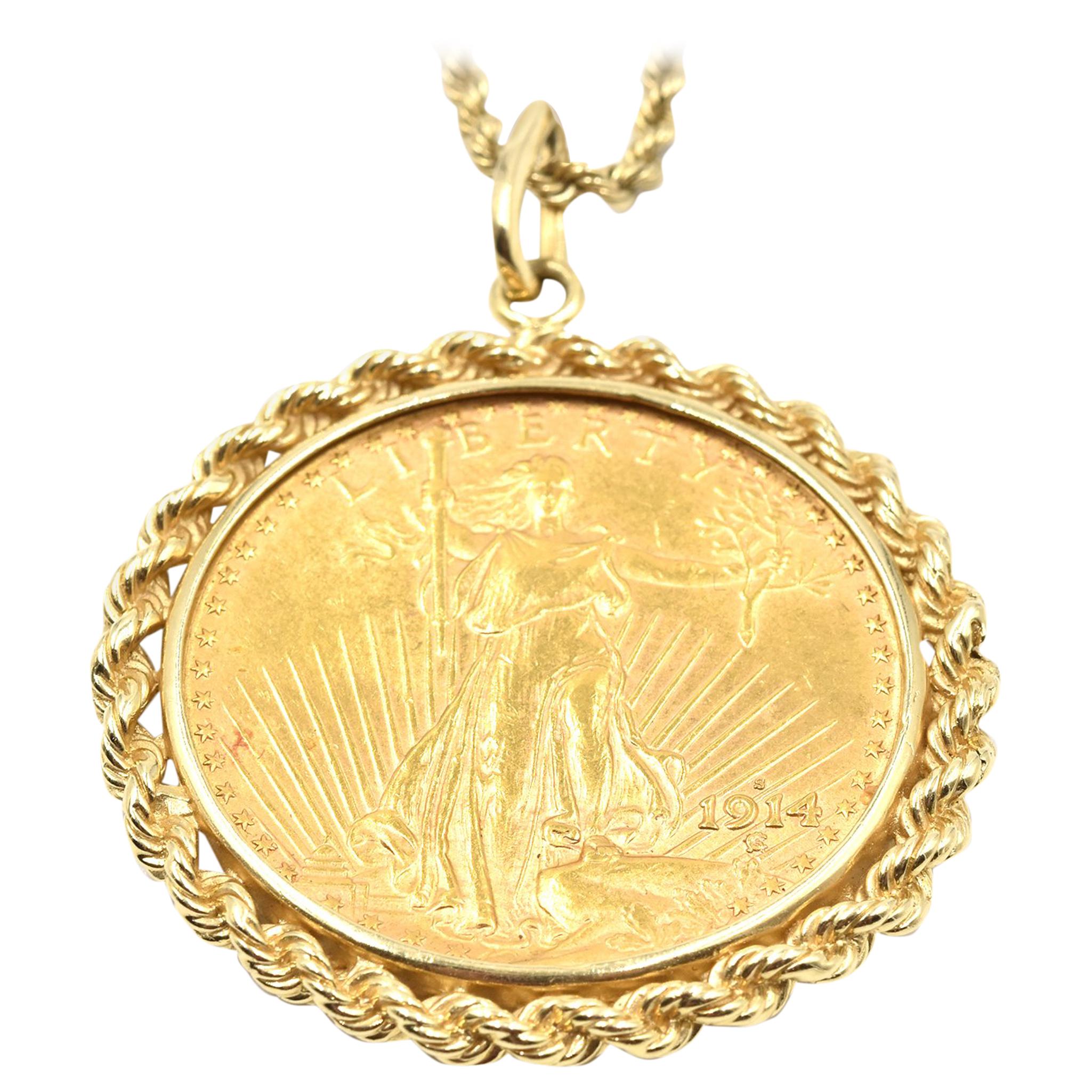 Liberty Coin Pendant Rope Necklace 14 Karat Yellow Gold
