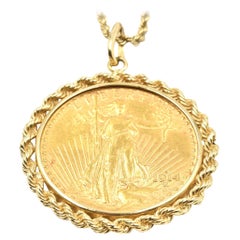 Liberty Coin Pendant Rope Necklace 14 Karat Yellow Gold