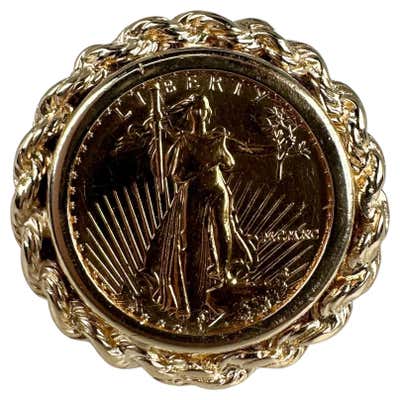 American Eagle Lady Liberty Coin Ring with 14k Yellow Gold Rope Band ...