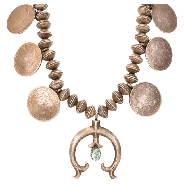 Silver Dollar Coin and Turquoise Squash Blossom Necklace For Sale at ...