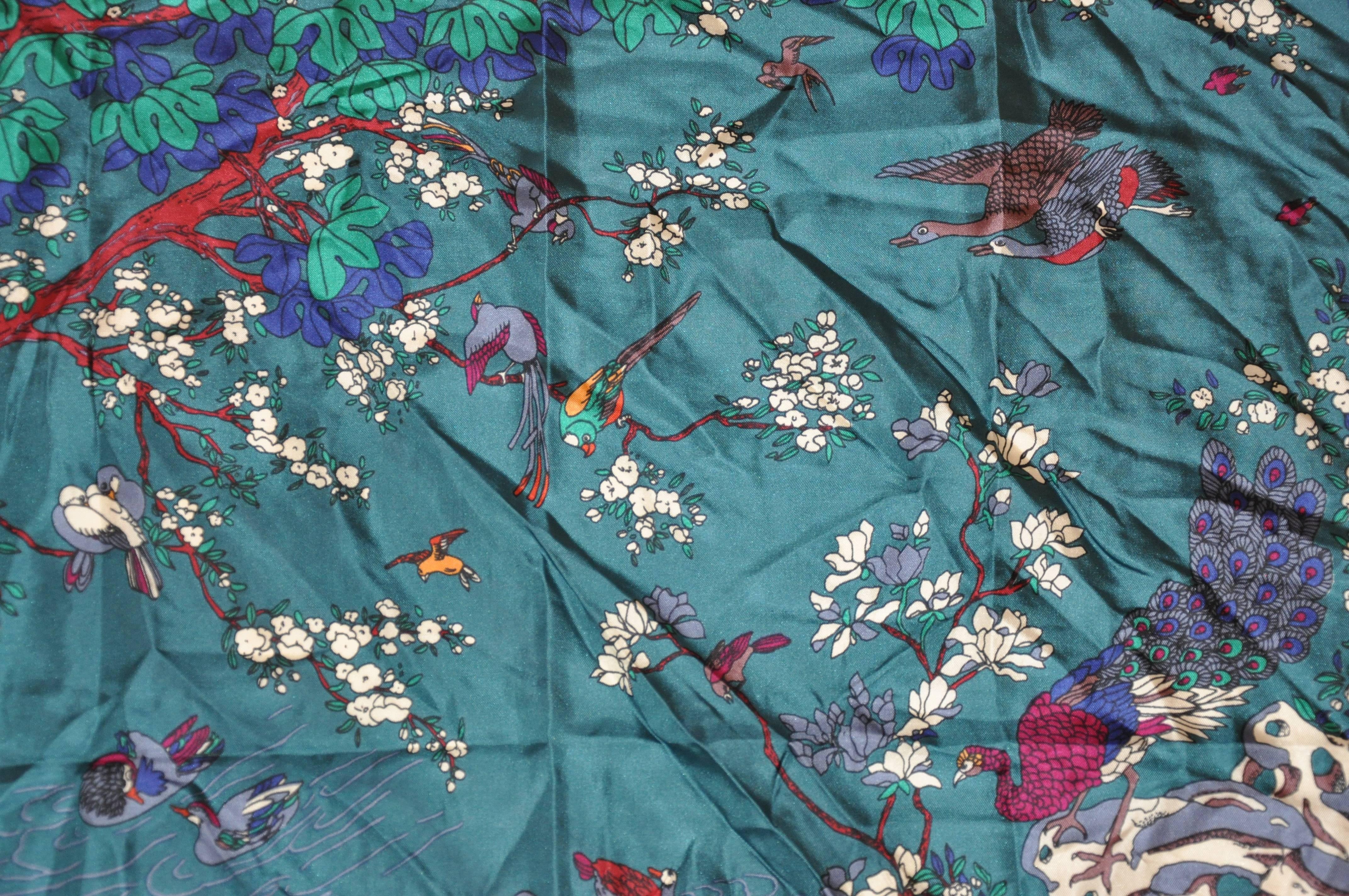 Liberty Forest Green Forest of Birds Silk Jacquard Scarf In Good Condition In New York, NY