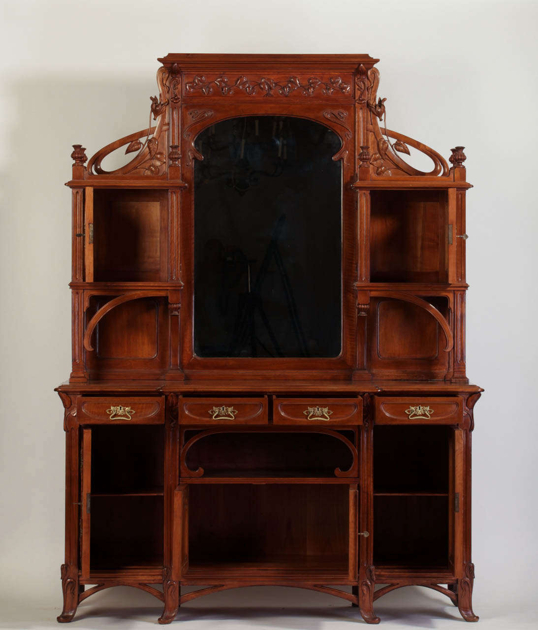 Art Nouveau Liberty Italian Carved and Gilt-Metal Mounted Sideboard Cabinet