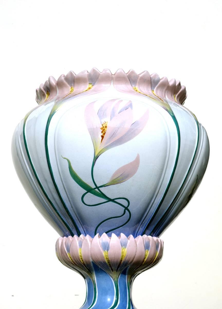 20th Century Liberty Italian Laveno Ceramic Floral Art Nouveau Cachepot with Stand For Sale