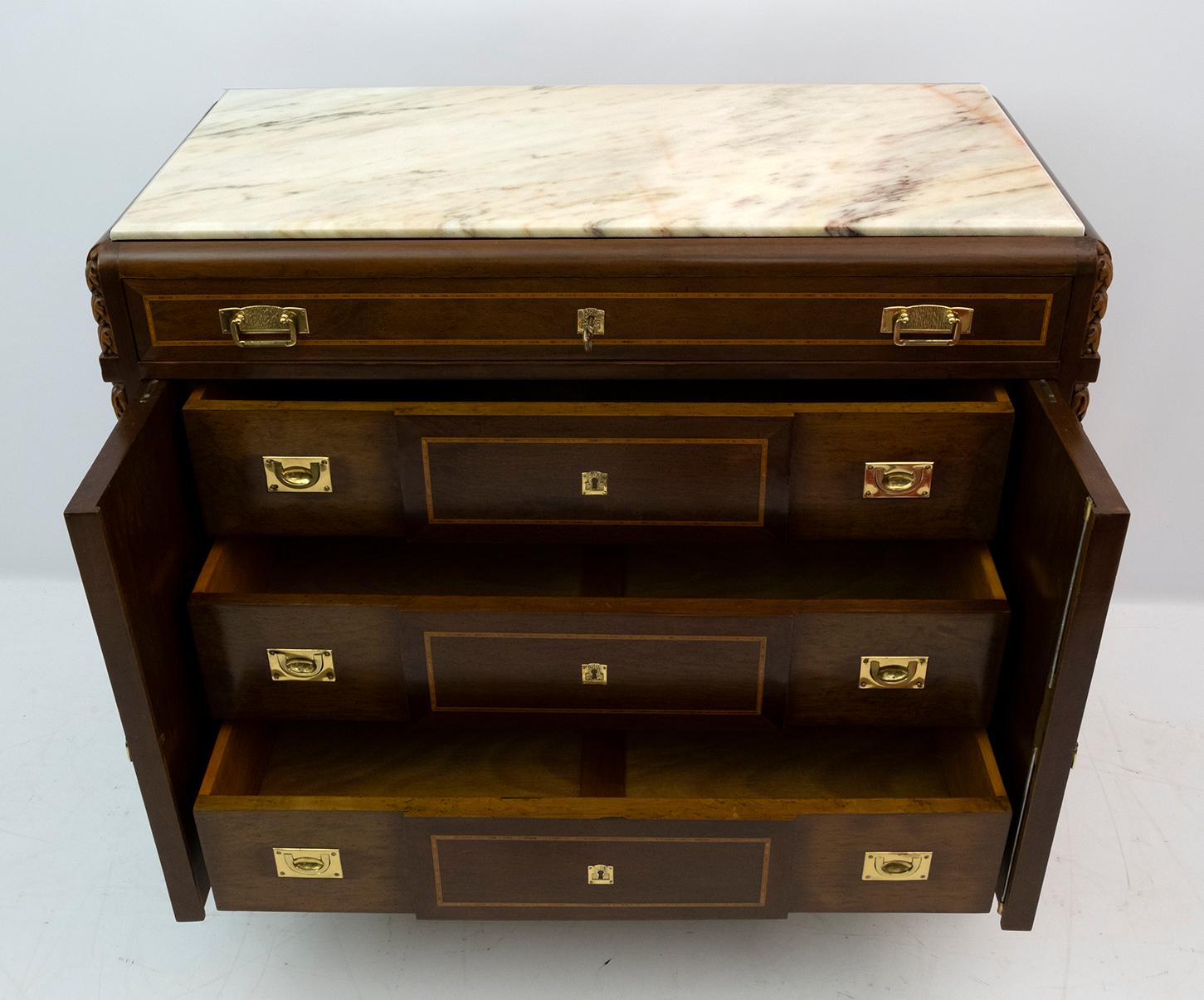 Brass Liberty Italian Thuja Briar and Pink Portugal Marble Twobedside Tables and Chest For Sale