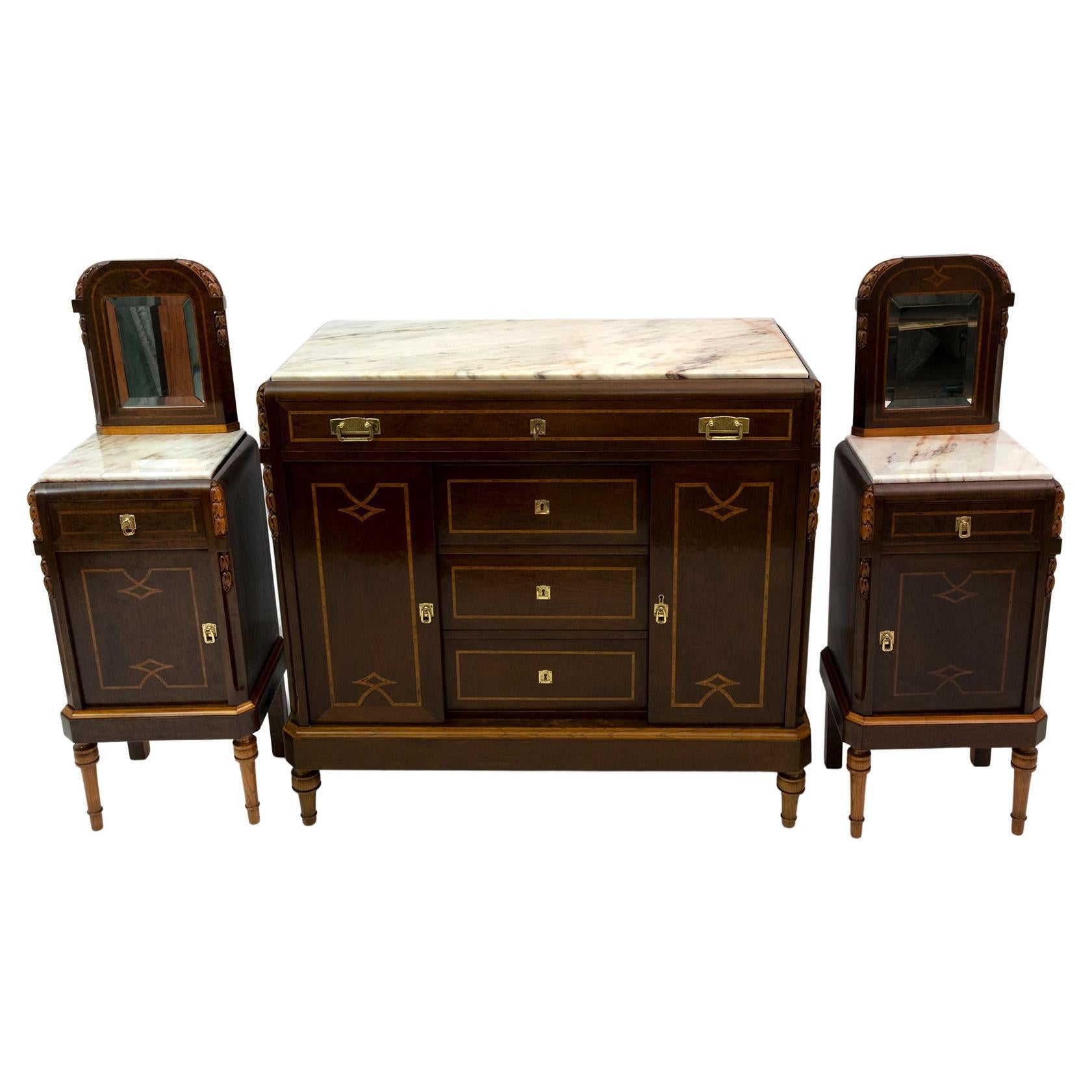 Liberty Italian Thuja Briar and Pink Portugal Marble Twobedside Tables and Chest For Sale