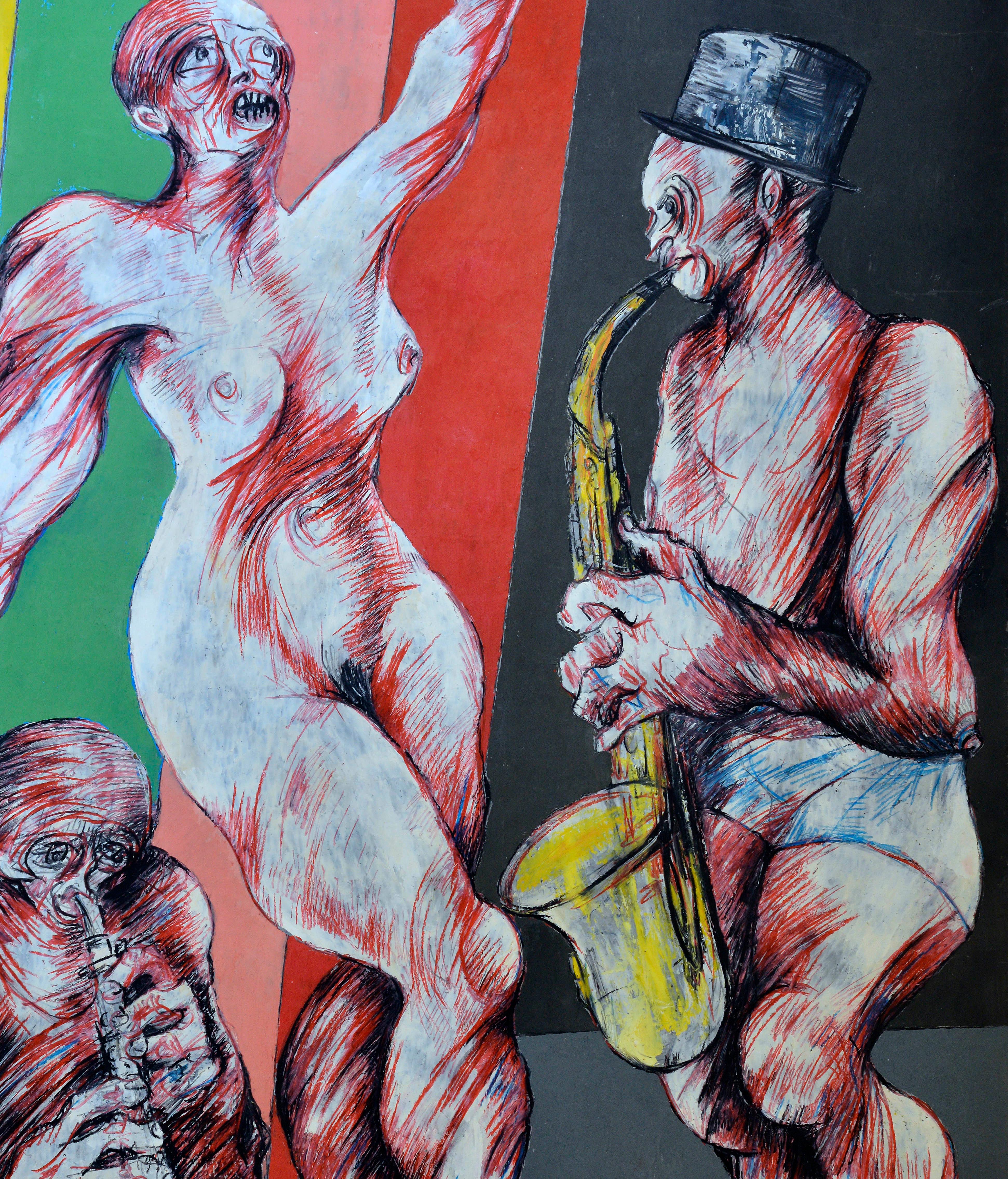 Francese Musica jazz su sfondo rosso, arancione, giallo, verde e nero in vendita