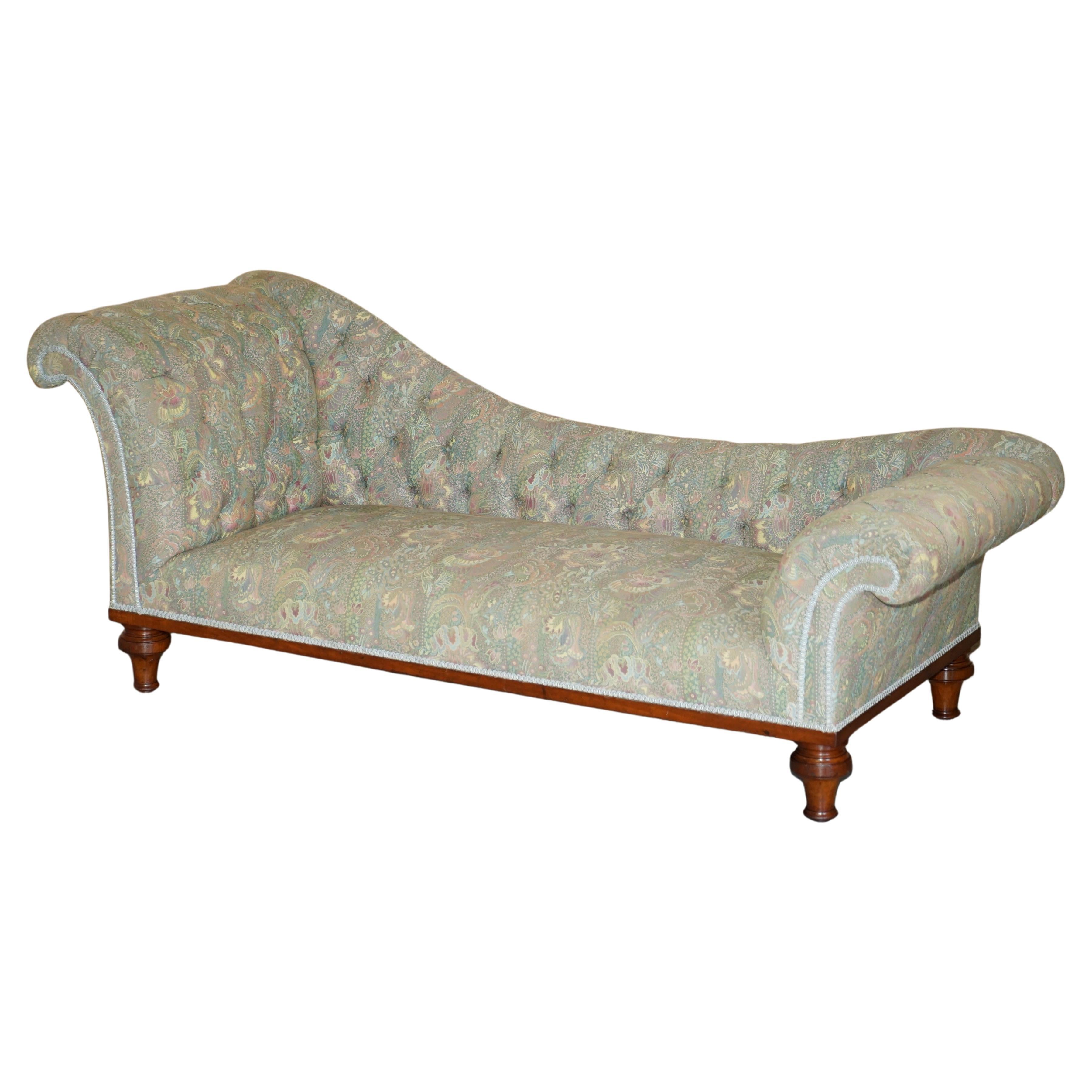 Liberty London Chesterfield Burl Walnut Framed Antique Victorian Chaise Lounge  For Sale