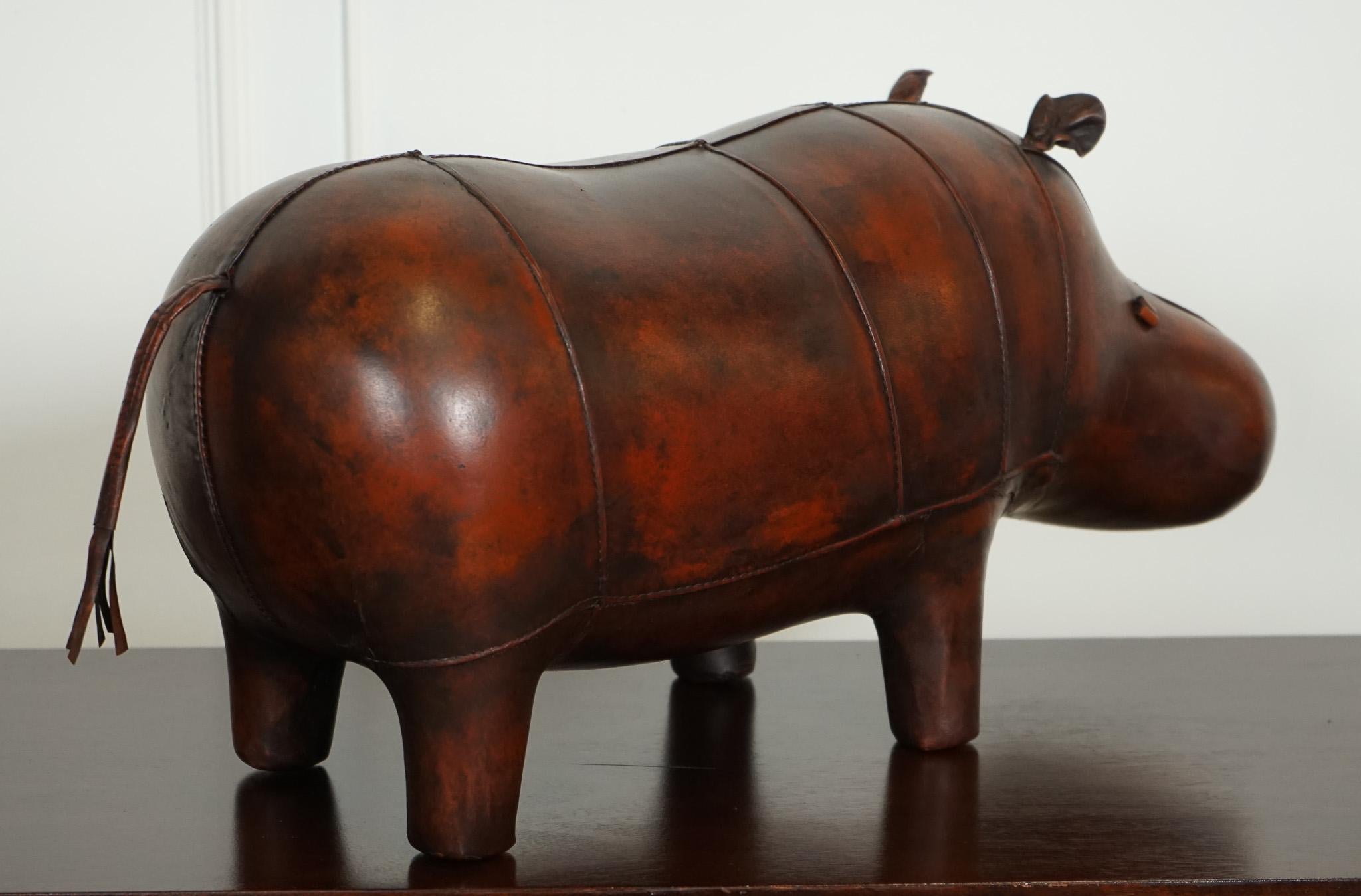 LIBERTY LONDON STYLE OMERSA ANTIQUE BROWN LEATHER FOOTSTOOL HiPPO For Sale 3