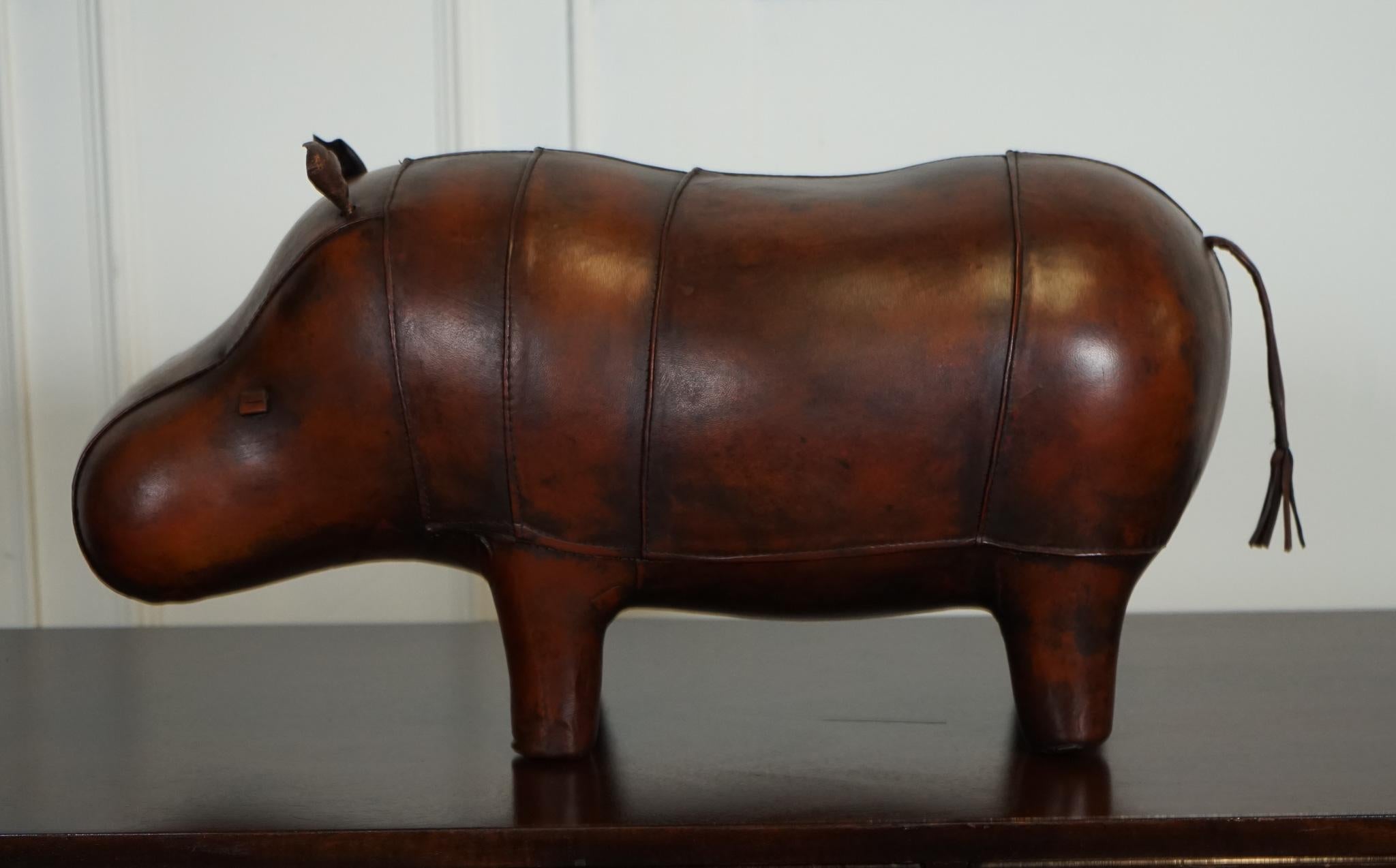 LIBERTY LONDON STYLE OMERSA ANTIQUE BROWN LEATHER FOOTSTOOL HiPPO In Good Condition For Sale In Pulborough, GB
