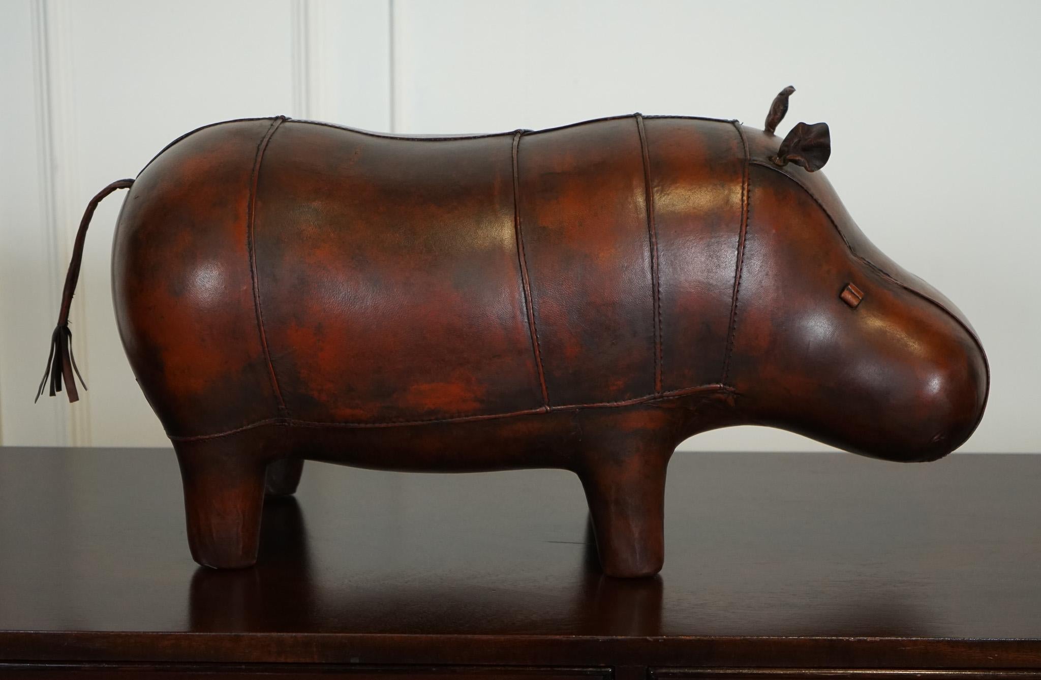 20th Century LIBERTY LONDON STYLE OMERSA ANTIQUE BROWN LEATHER FOOTSTOOL HiPPO For Sale