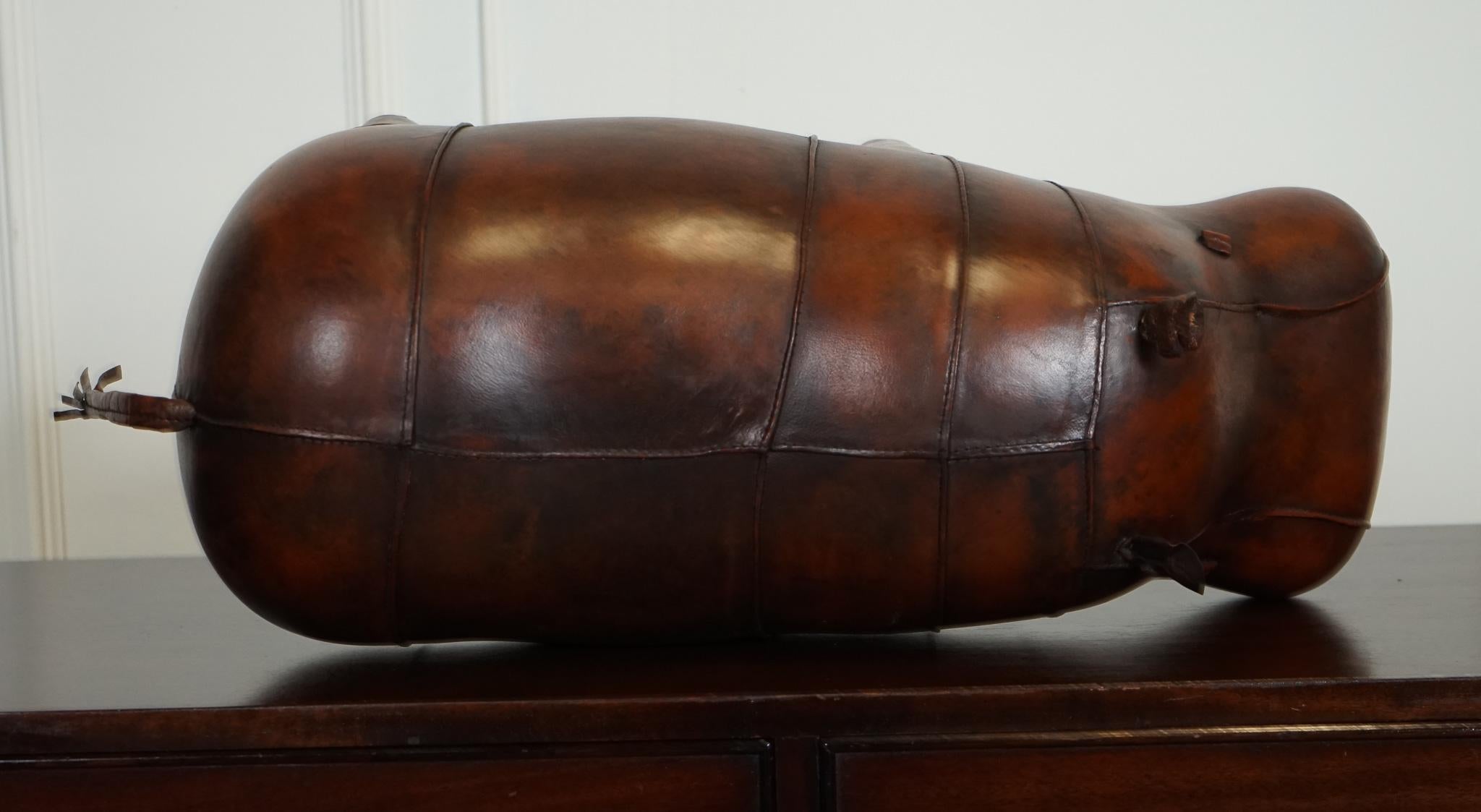 LIBERTY LONDON STYLE OMERSA ANTIQUE BROWN LEATHER FOOTSTOOL HiPPO For Sale 1