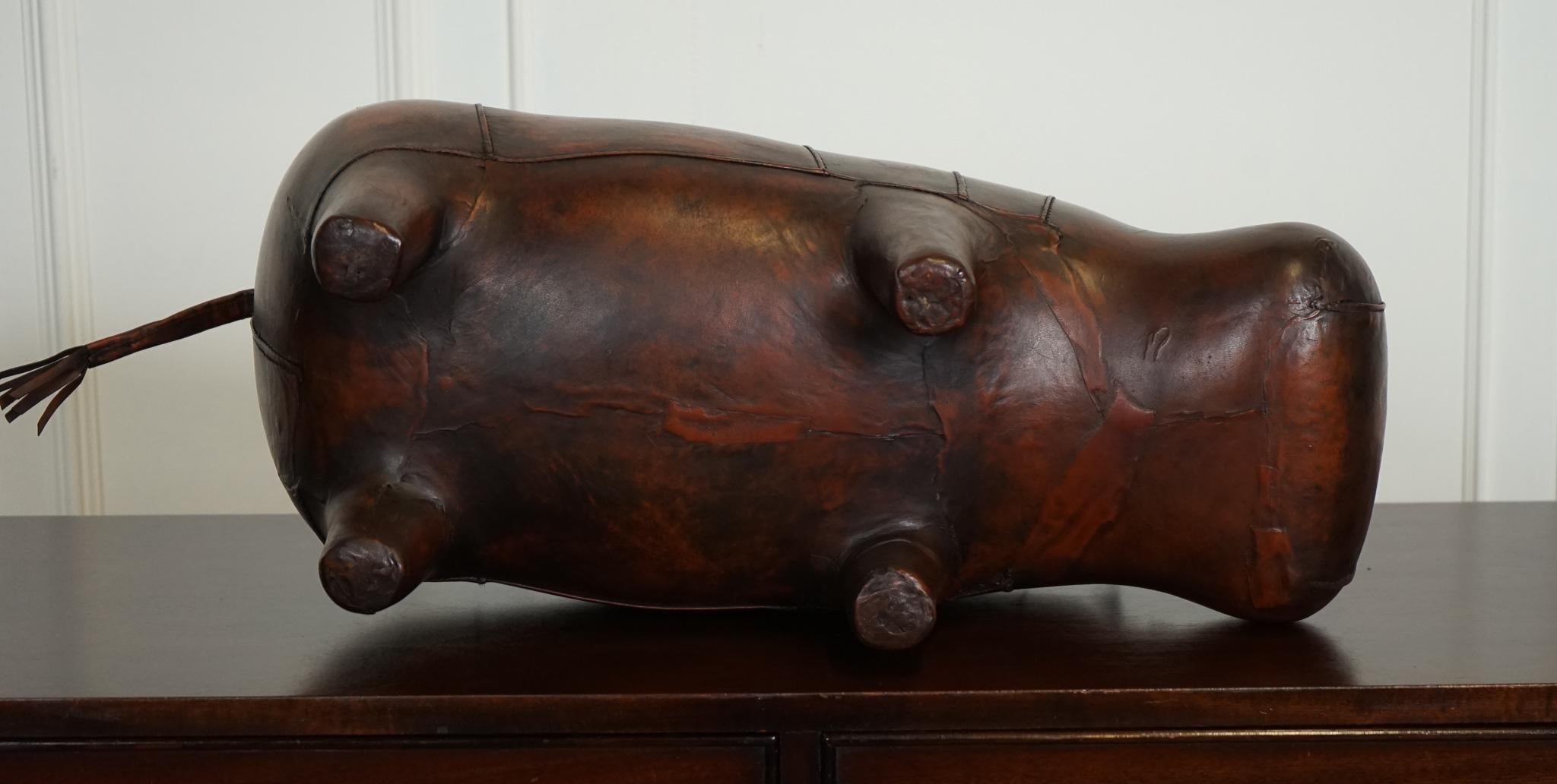 LIBERTY LONDON STYLE OMERSA ANTIQUE BROWN LEATHER FOOTSTOOL HiPPO For Sale 2