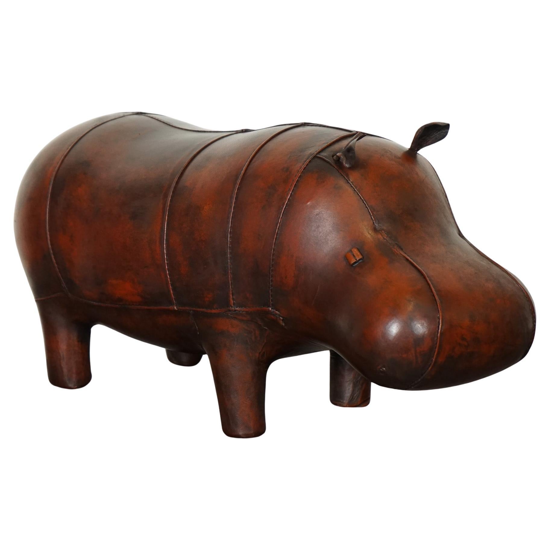 LIBERTY LONDON STYLE OMERSA ANTIQUE BROWN LEATHER FOOTSTOOL HiPPO For Sale