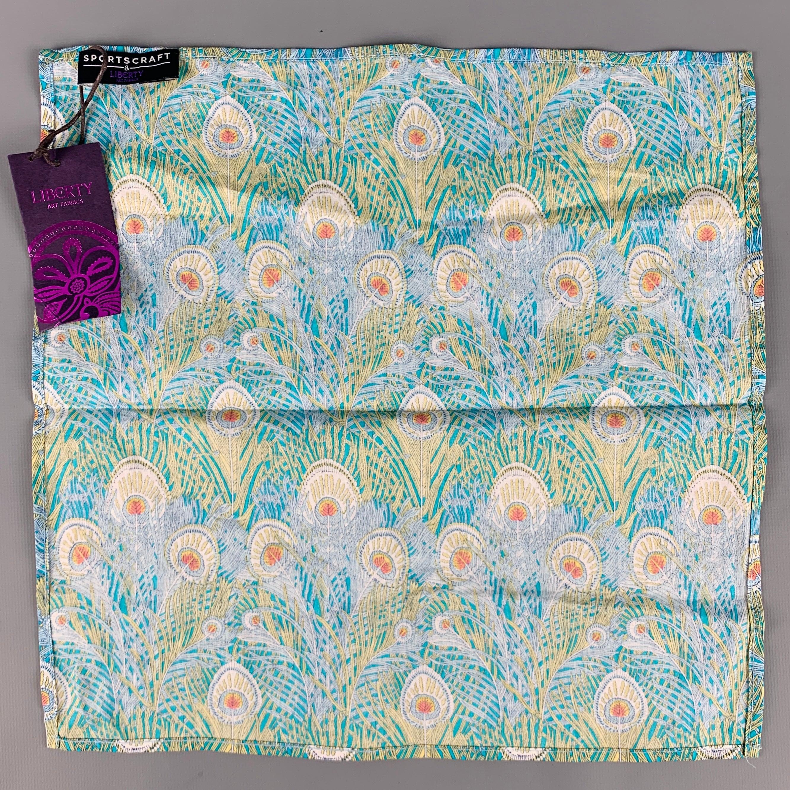 LIBERTY OF LONDON Blue Green Peacock Cotton Pocket Square In Excellent Condition For Sale In San Francisco, CA