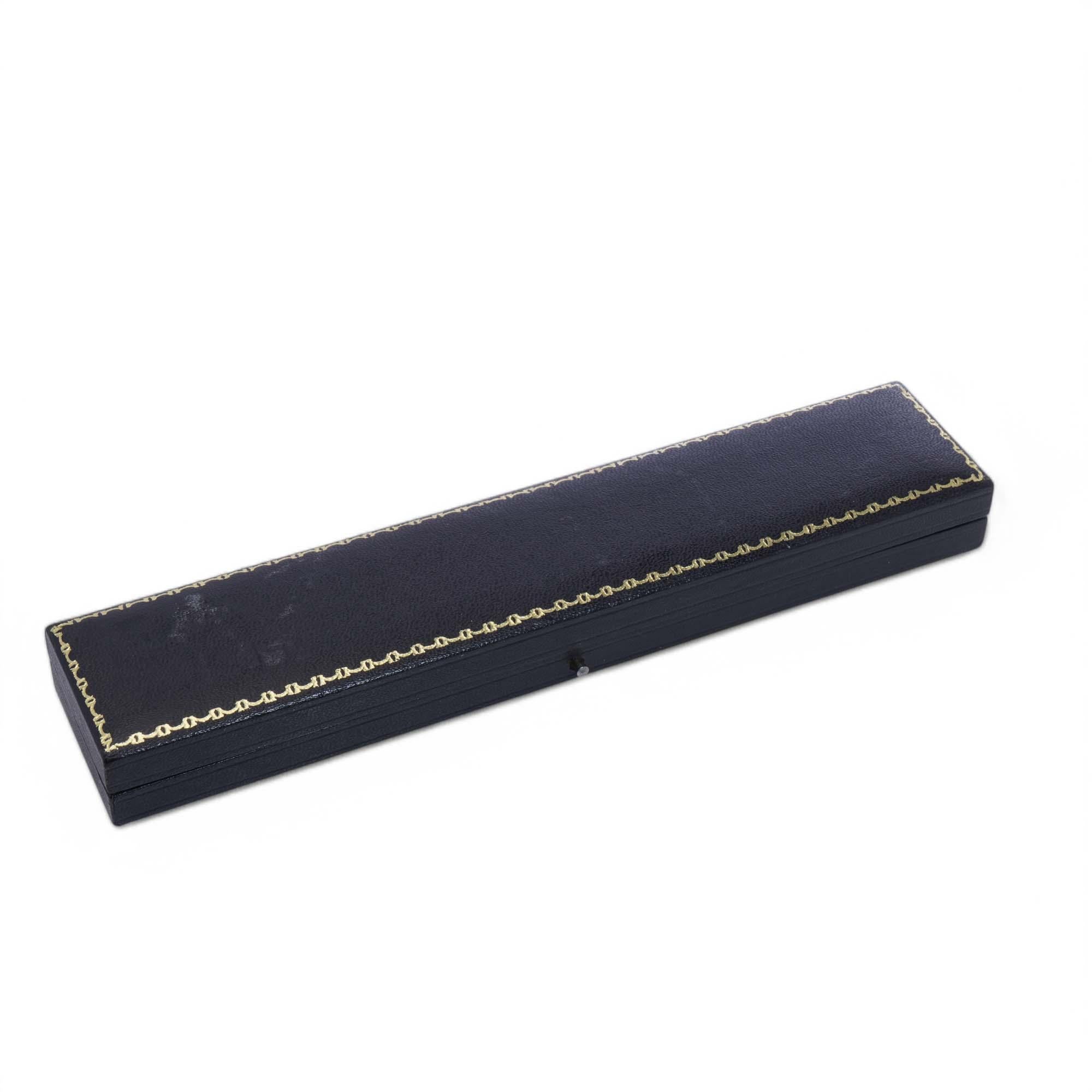 Liberty of London Bracelet or Watch Box

Period: Early to mid 20th century
Material: Black leather exterior with cream satin and black velvet-lined interior
Purpose: Storage and presentation for bracelets, watches, or necklaces
Dimensions: 22.2 x