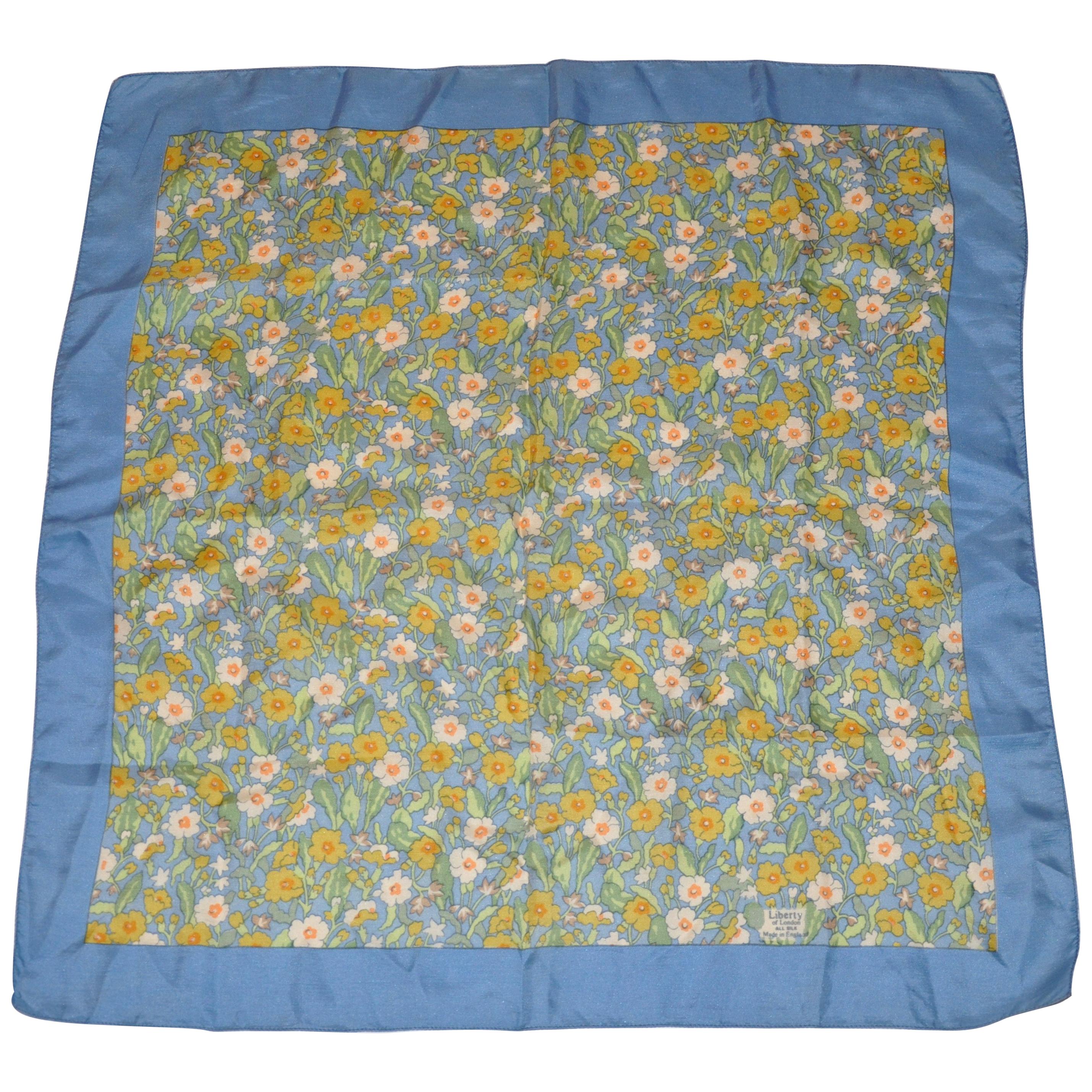 Liberty of London "Fields of Florals" Blue Borders Silk Scarf