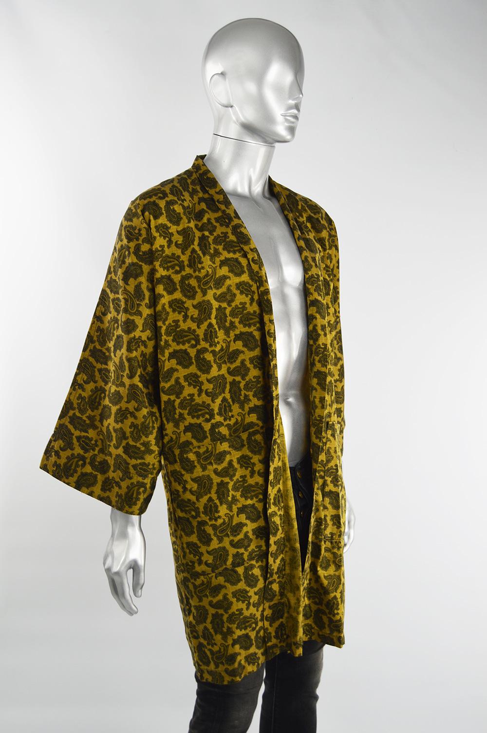 Brown Liberty of London Print Men's 1960s Gold Paisley Kimono Robe Smoking Jacket