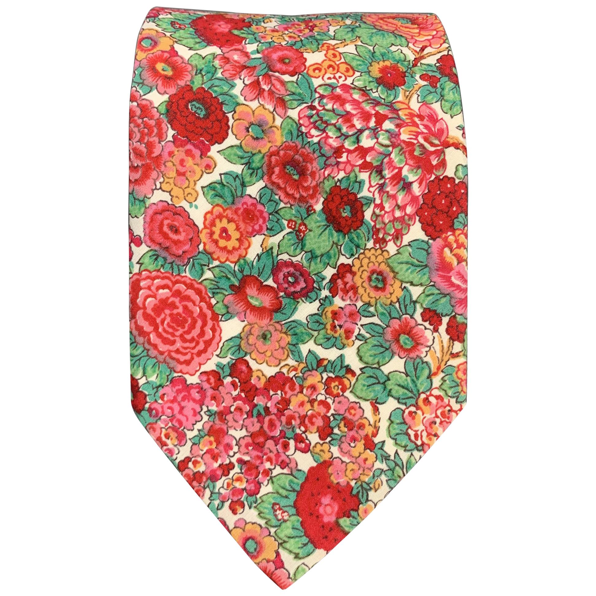 LIBERTY OF LONDON Red & Green Floral Print Cotton Tie
